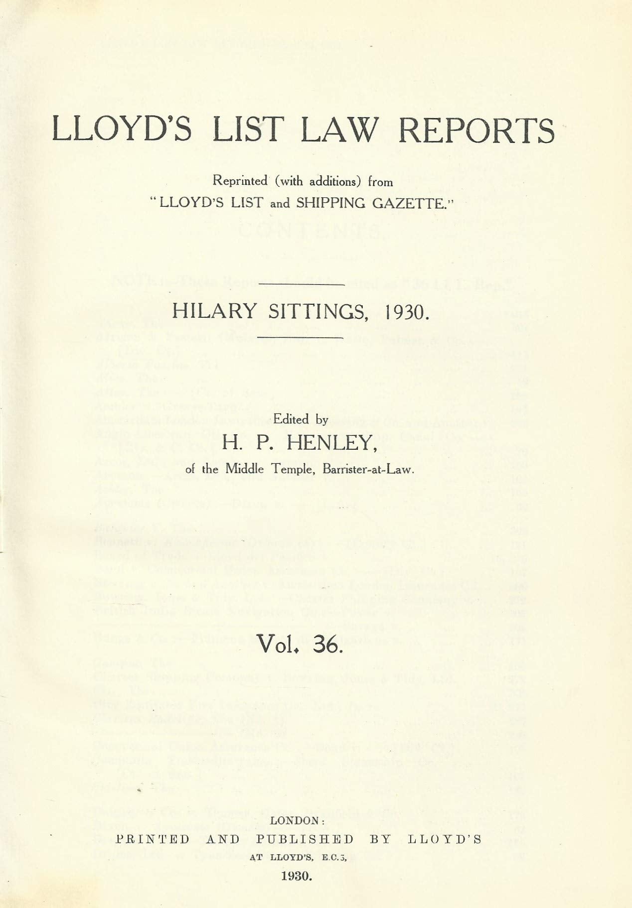 Lloyd's List Law Reports - Volume 36, Hilary Sittings, 1930