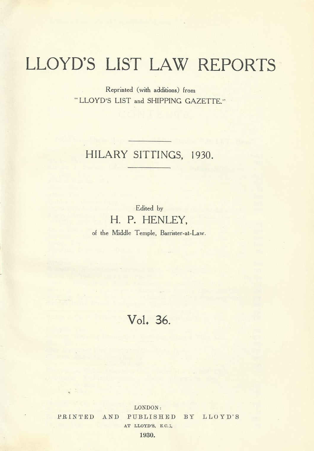 Lloyd's List Law Reports - Volume 36, Hilary Sittings, 1930