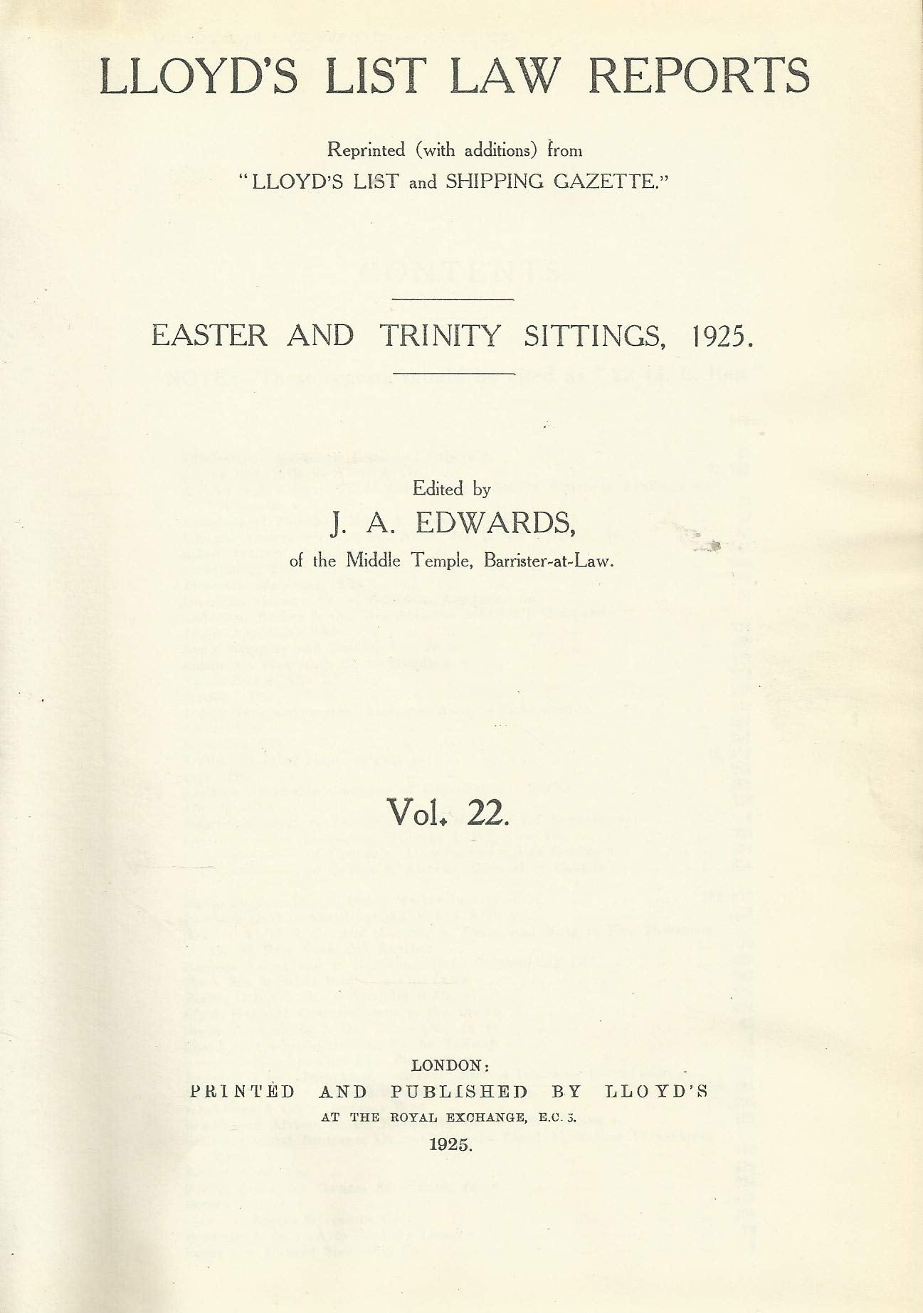 Lloyd's List Law Reports - Volume 22, Easter and Trinity Sittings, 1925