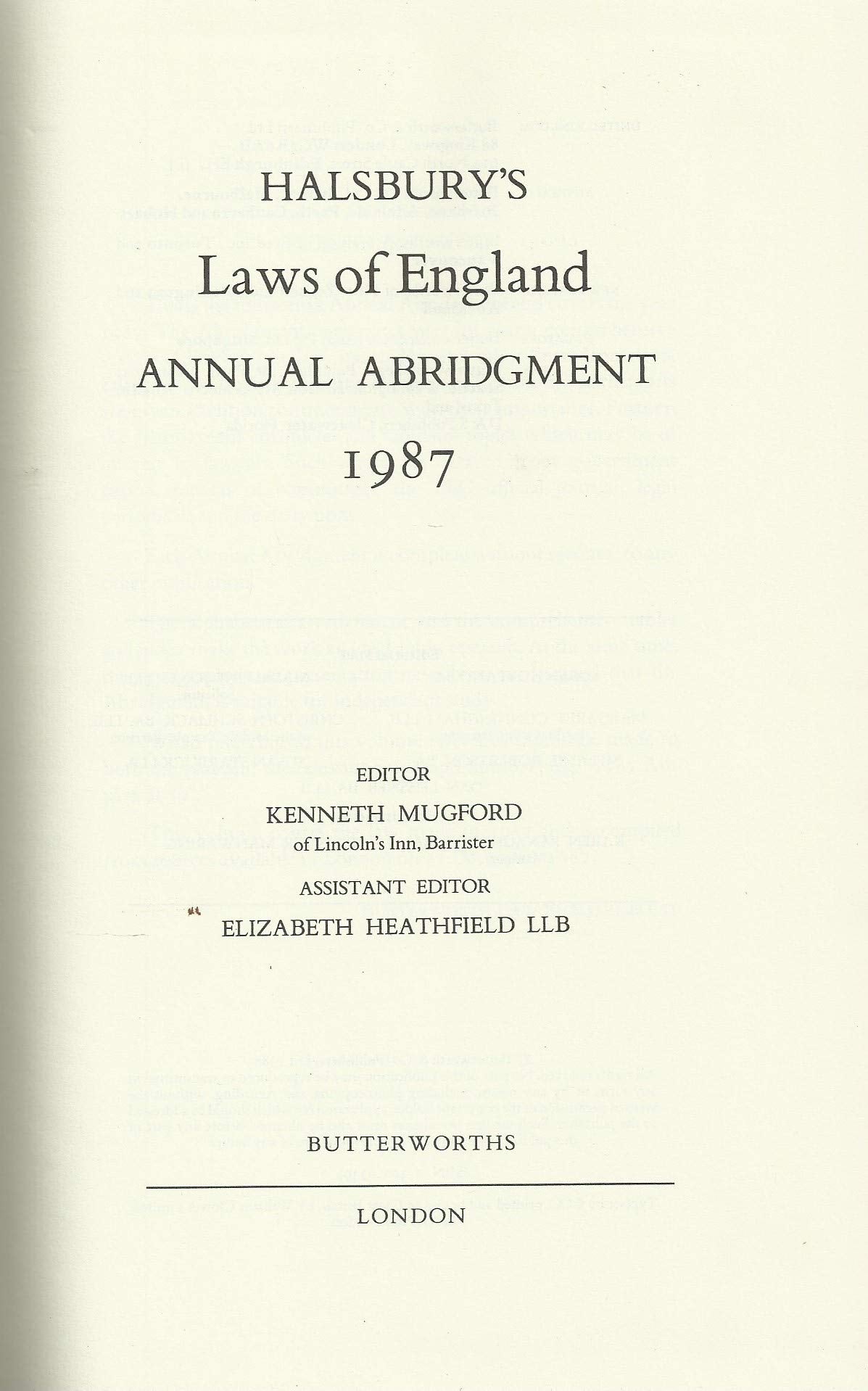 Halsbury's Laws of England Annual Abridgment 1987
