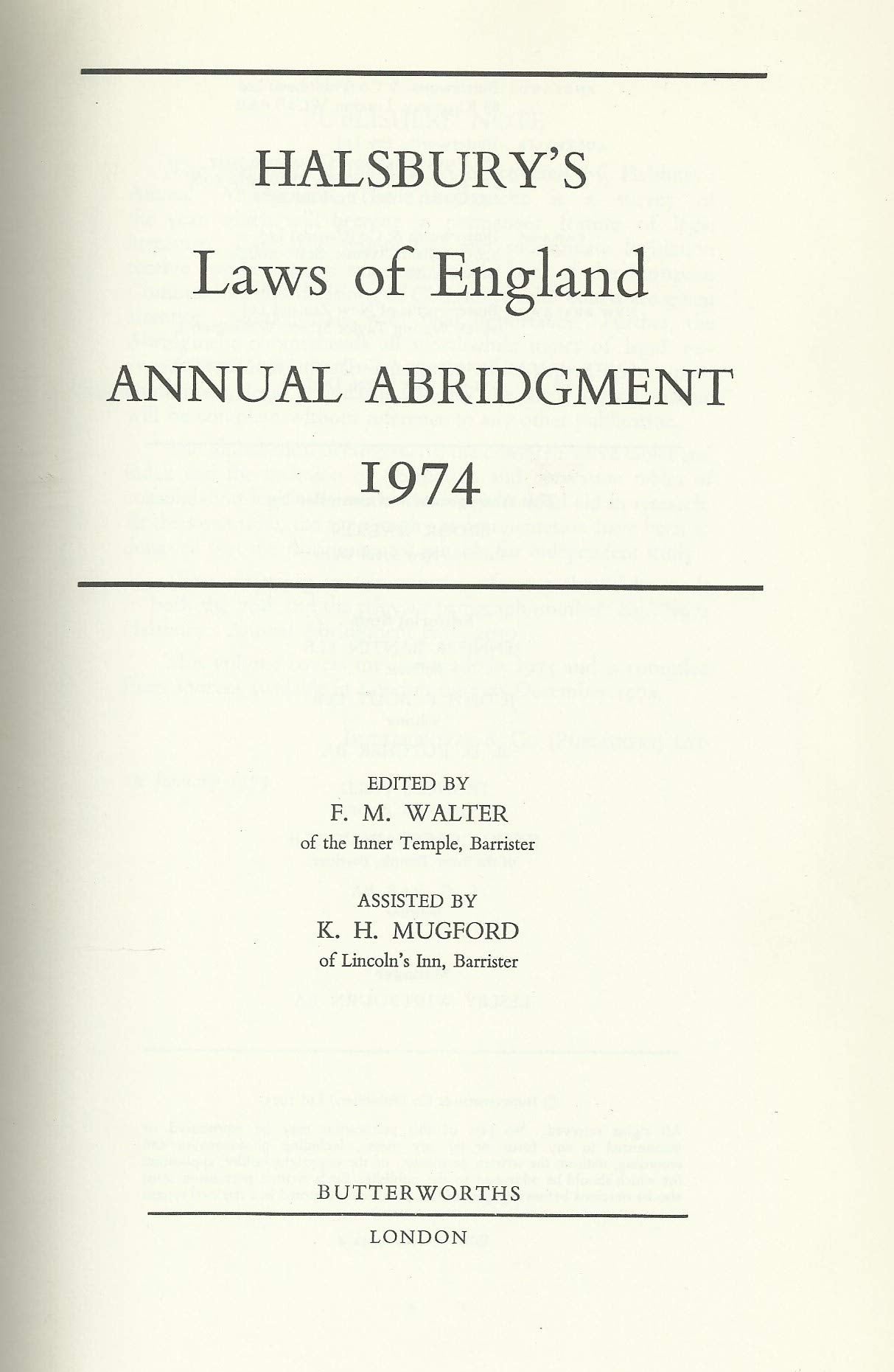 Halsburys laws of england 1974 annual abridgment