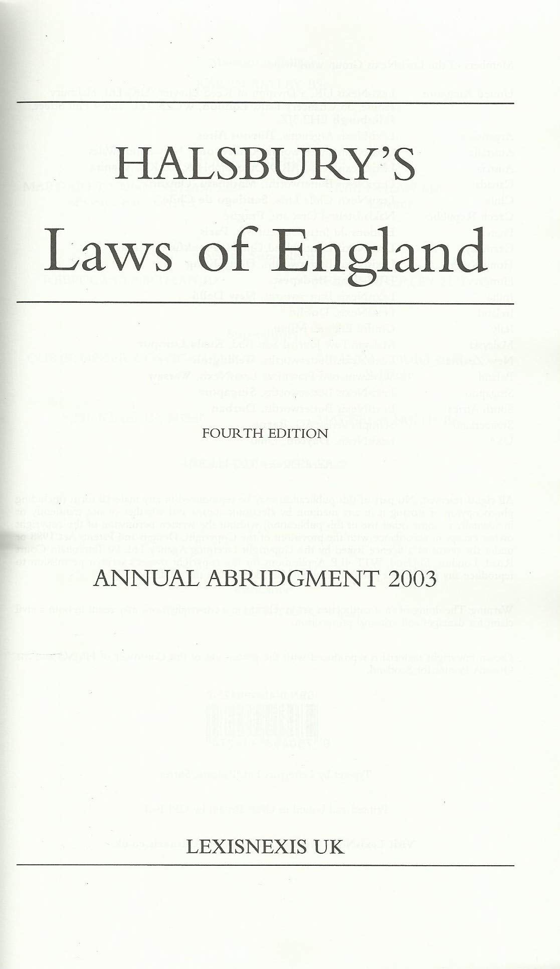 Halsbury's Laws of England Annual Abridgment 2003