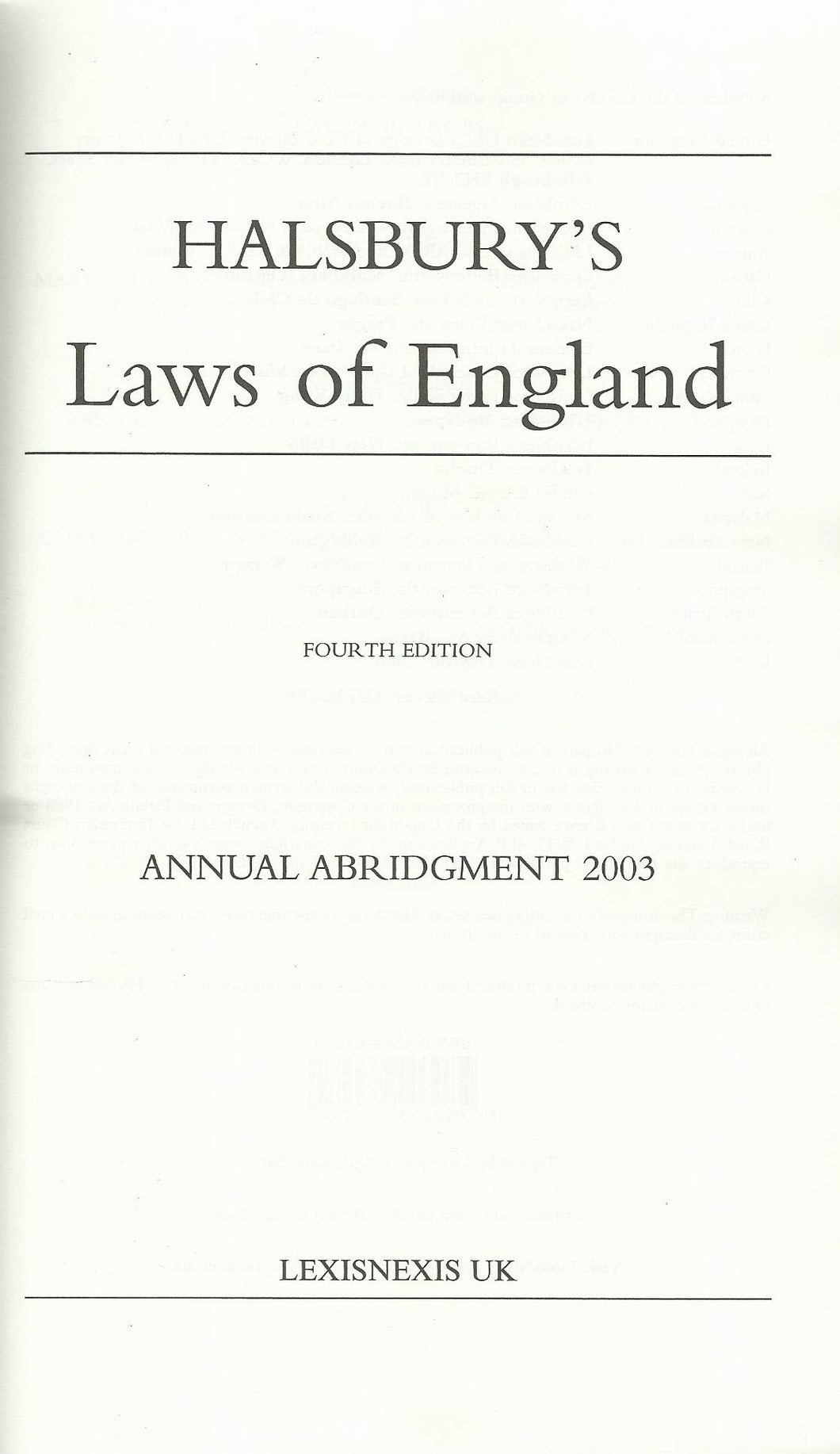 Halsbury's Laws of England Annual Abridgment 2003