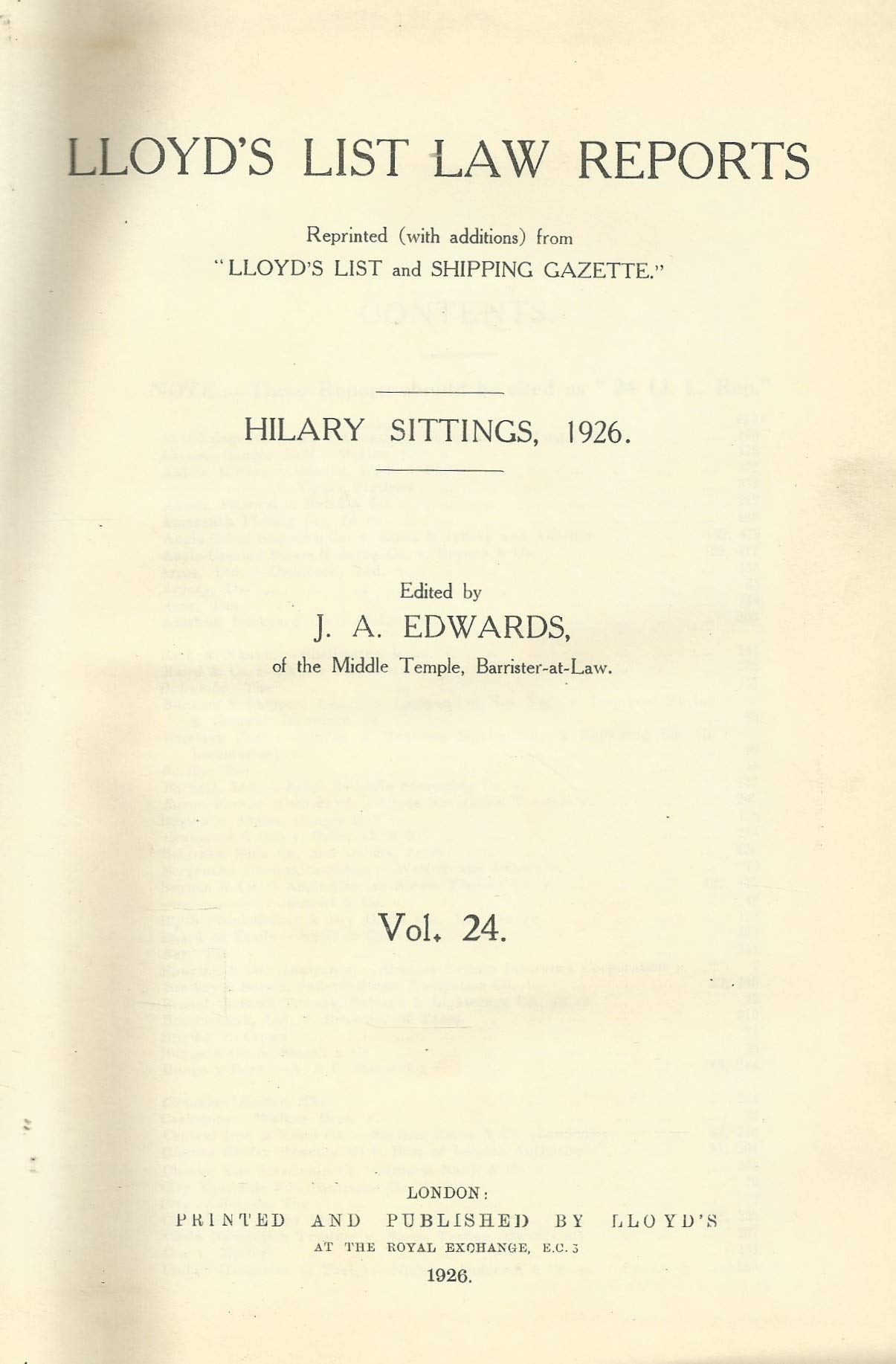 Lloyd's List Law Reports - Volume 24, Hilary Sittings, 1926