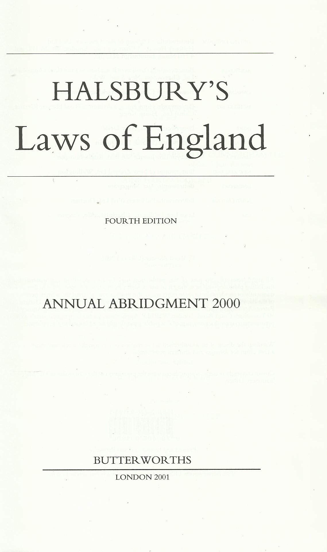 Halsbury's Laws of England Annual Abrigment 2000