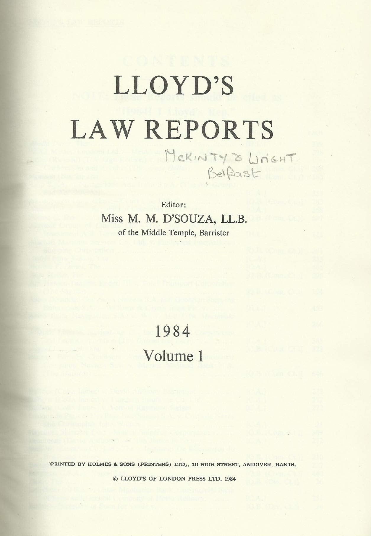 Lloyd's Law Reports 1984, Volume I