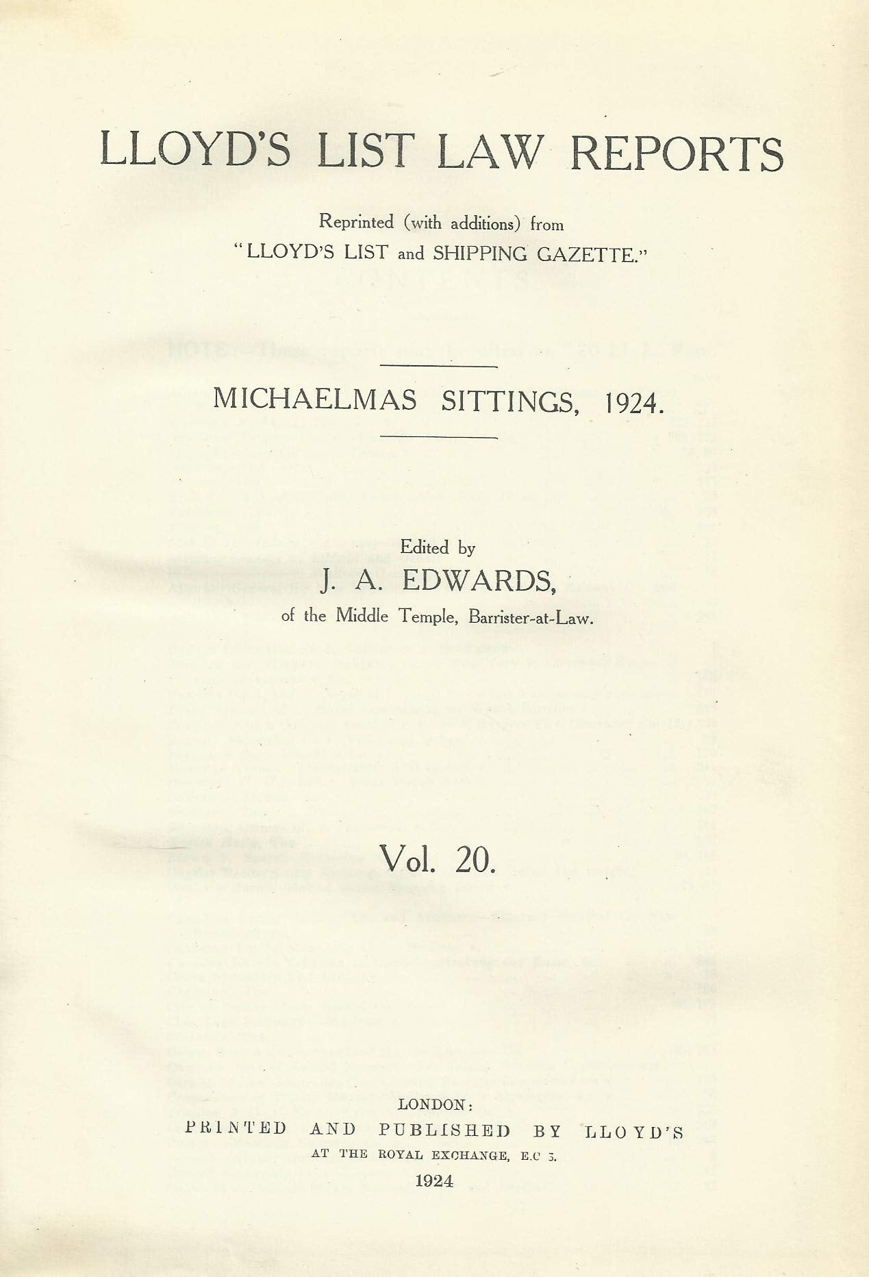 Lloyd's List Law Reports - Volume 20, Michaelmas Sittings, 1924