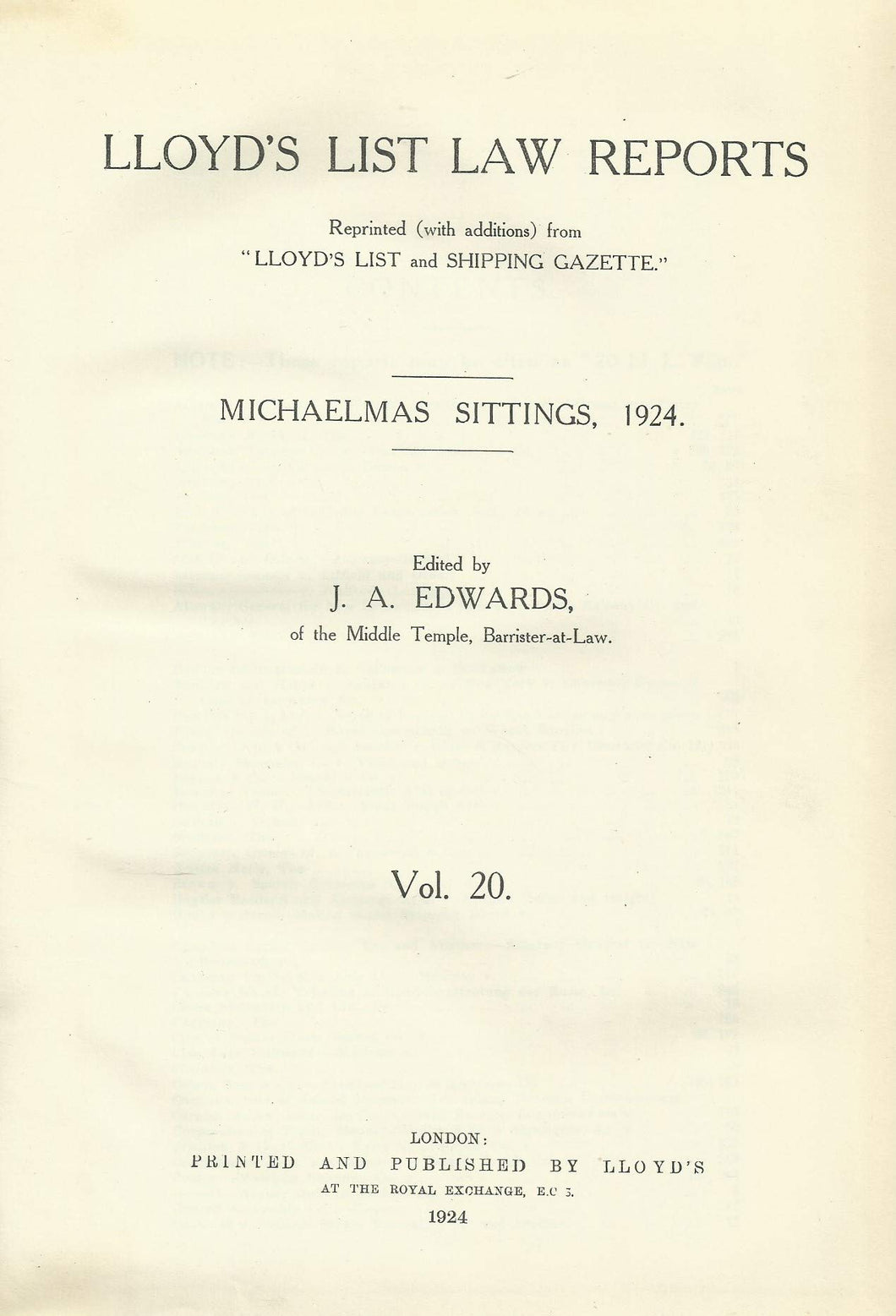 Lloyd's List Law Reports - Volume 20, Michaelmas Sittings, 1924