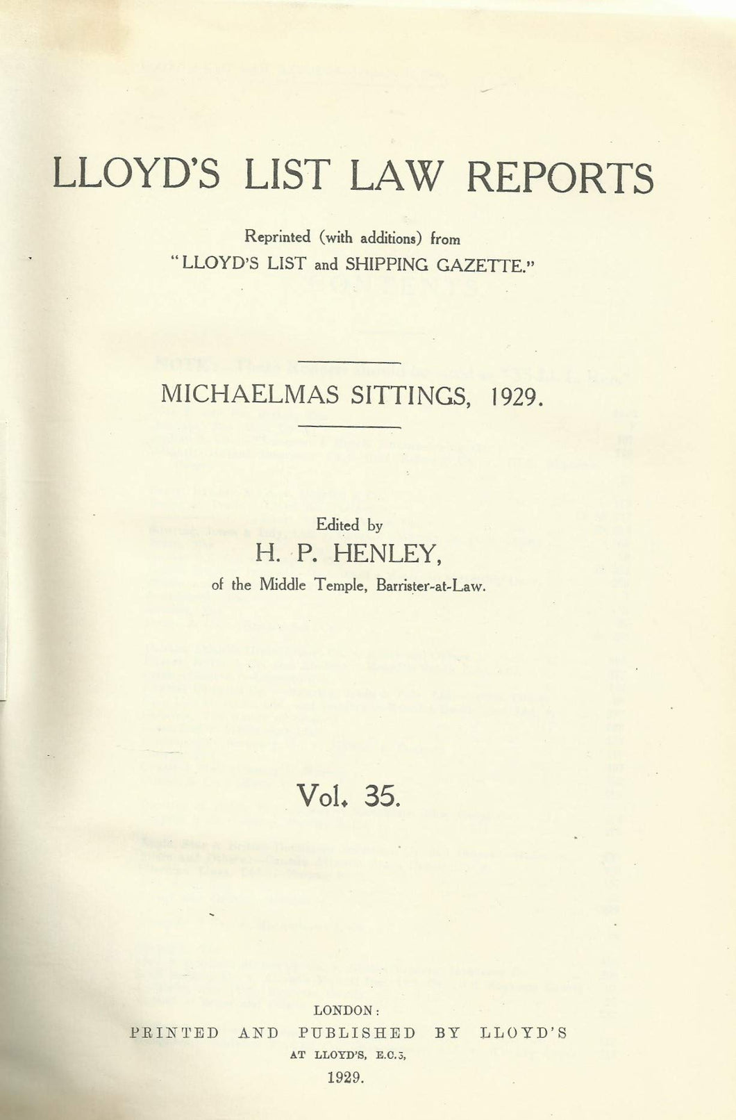Lloyd's List Law Reports - Volume 35, Michaelmas Sittings, 1929
