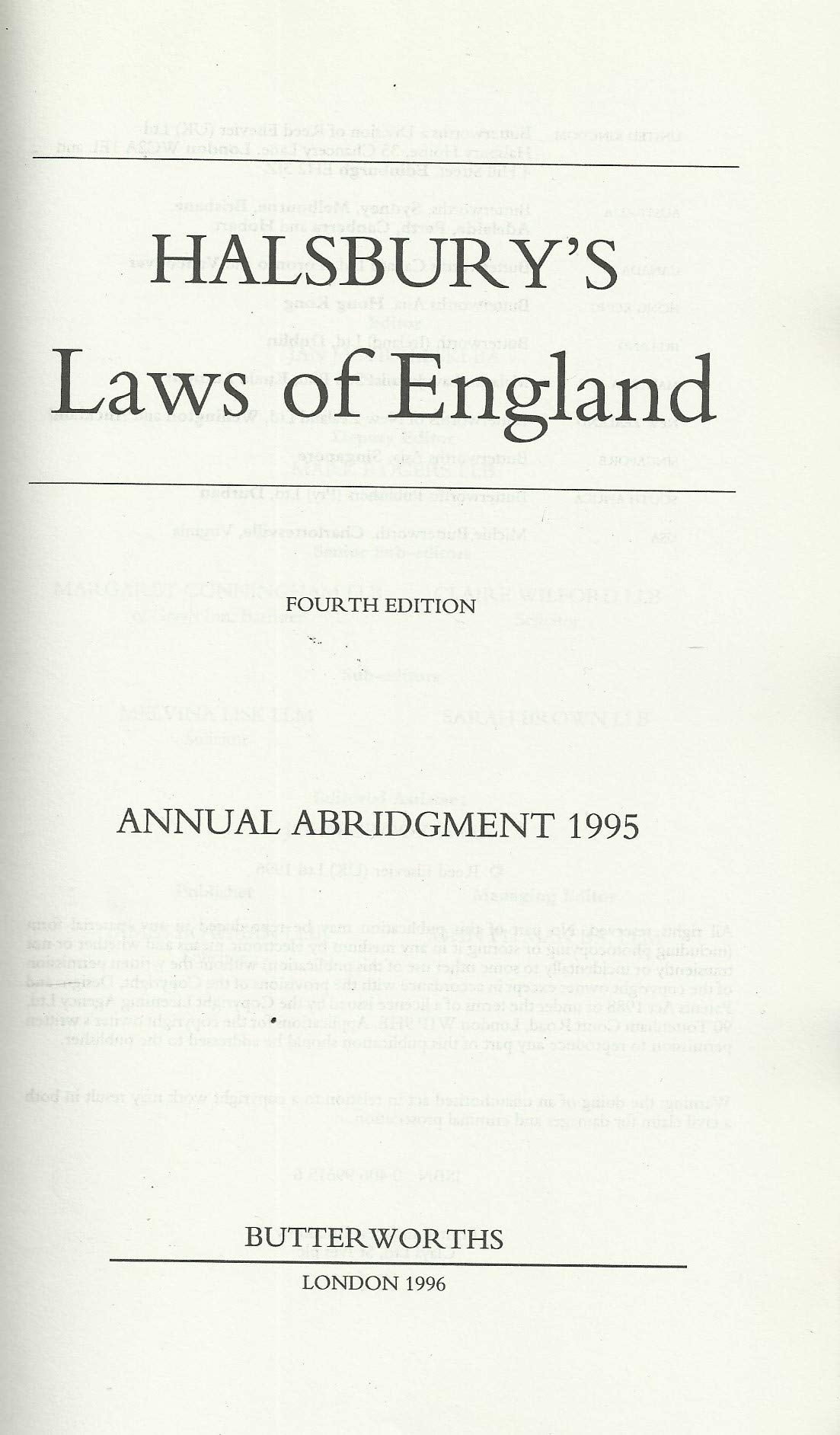 Halsbury's Laws of England: Annual Abridgement 1995