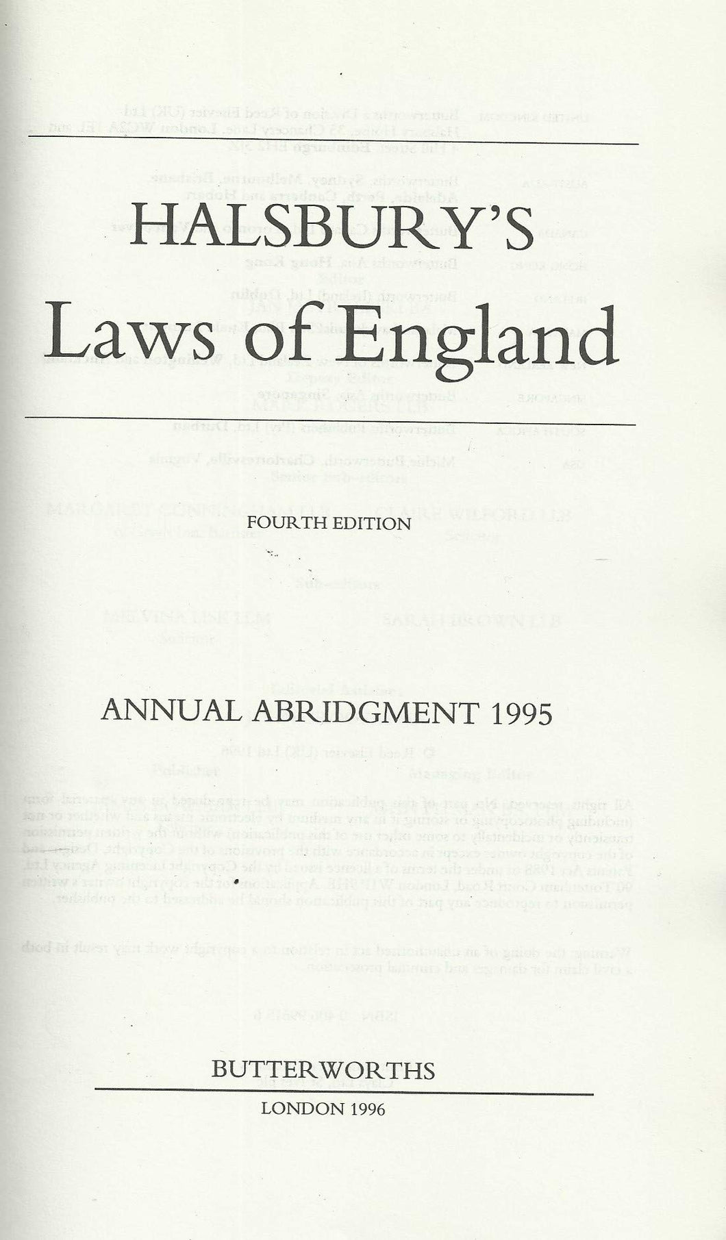 Halsbury's Laws of England: Annual Abridgement 1995