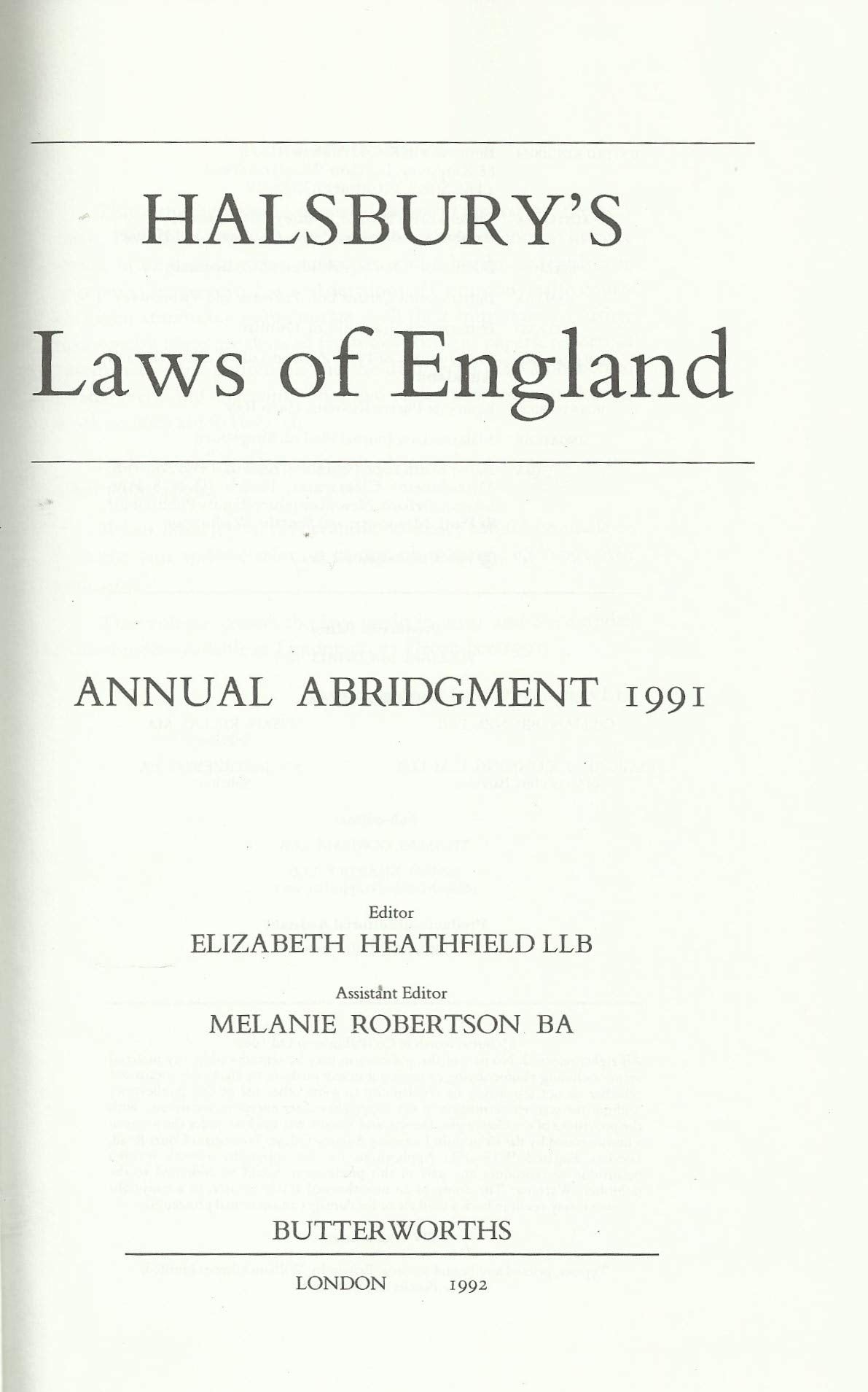 Halsbury's Laws of England Annual Abridgment 1991