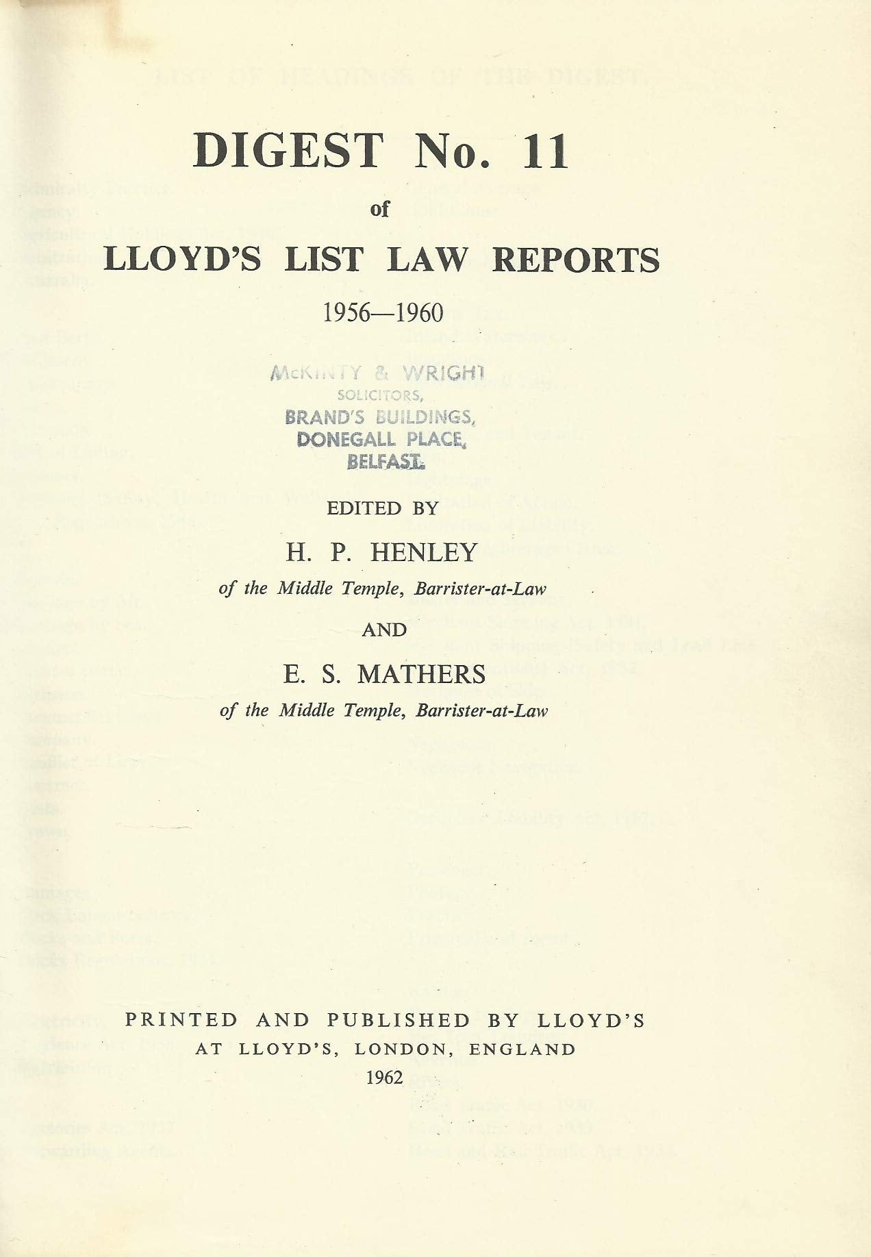 Lloyd's List Law Reports - Digest No 11, 1956-1960