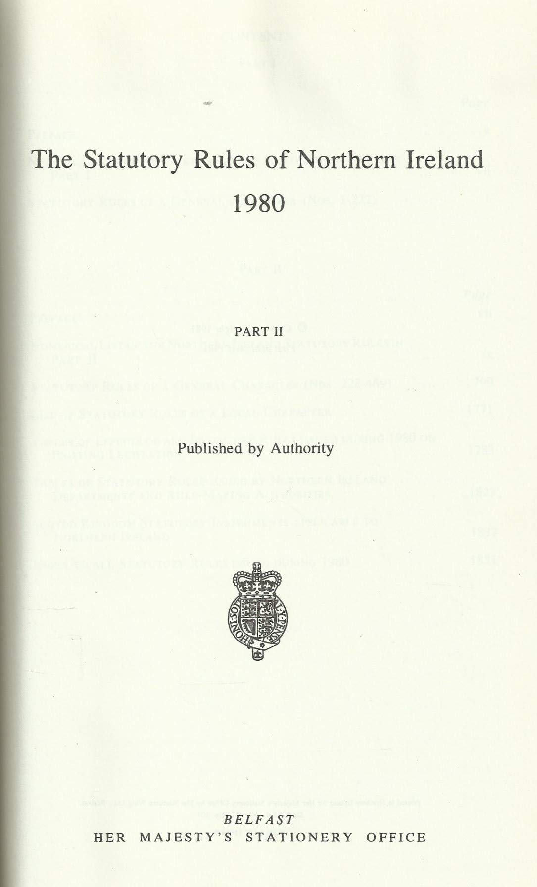 Northern Ireland Statutory Rules and Orders 1980, Part II - The Statutory Rules and Orders of Northern Ireland