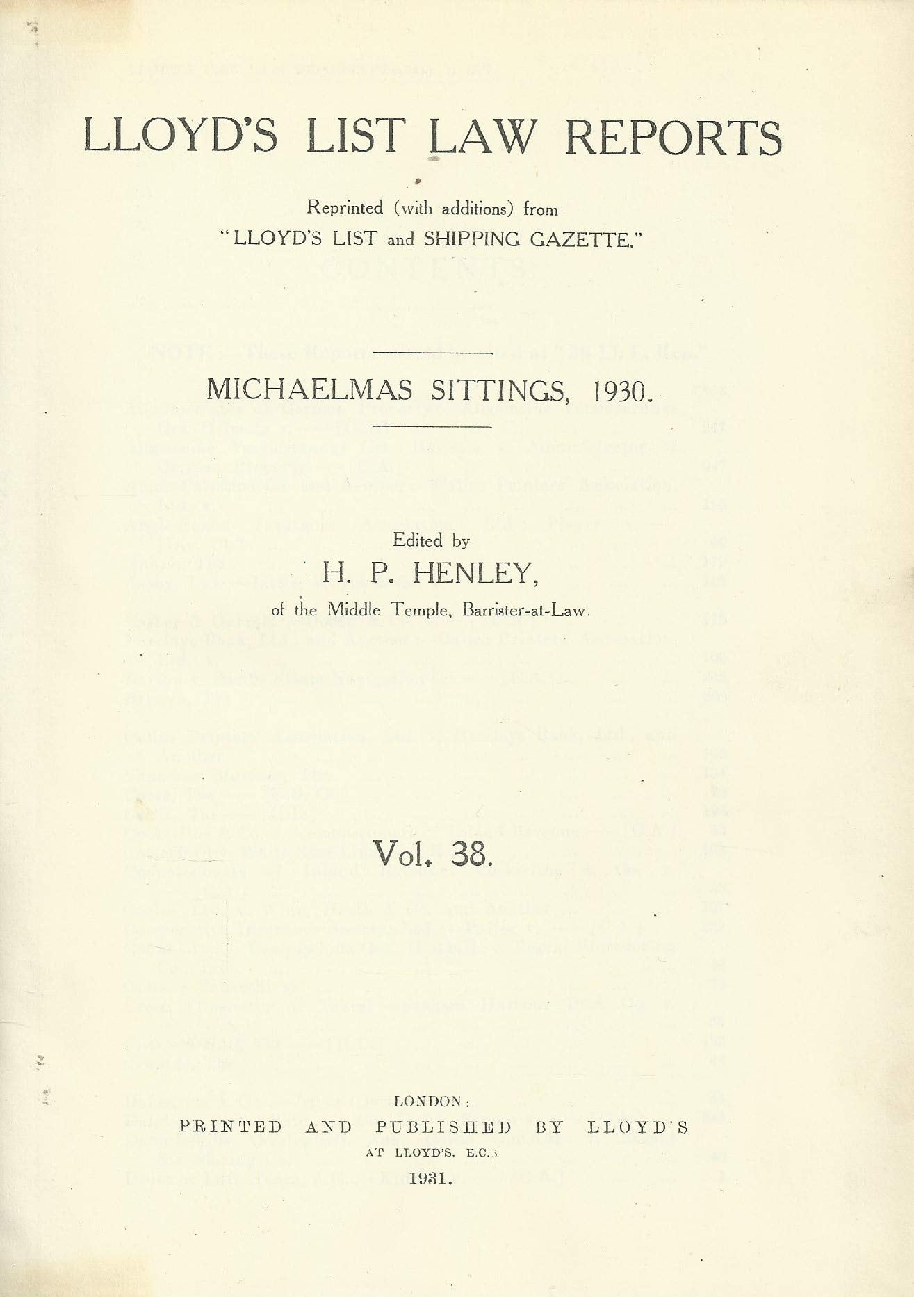 Lloyd's List Law Reports - Volume 38, Michaelmas Sittings, 1930