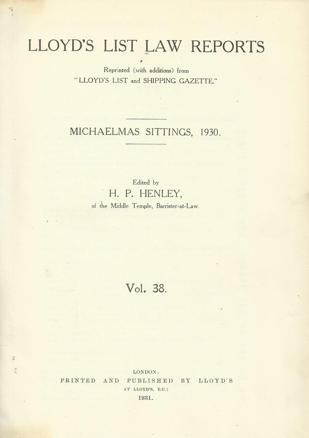Lloyd's List Law Reports - Volume 38, Michaelmas Sittings, 1930
