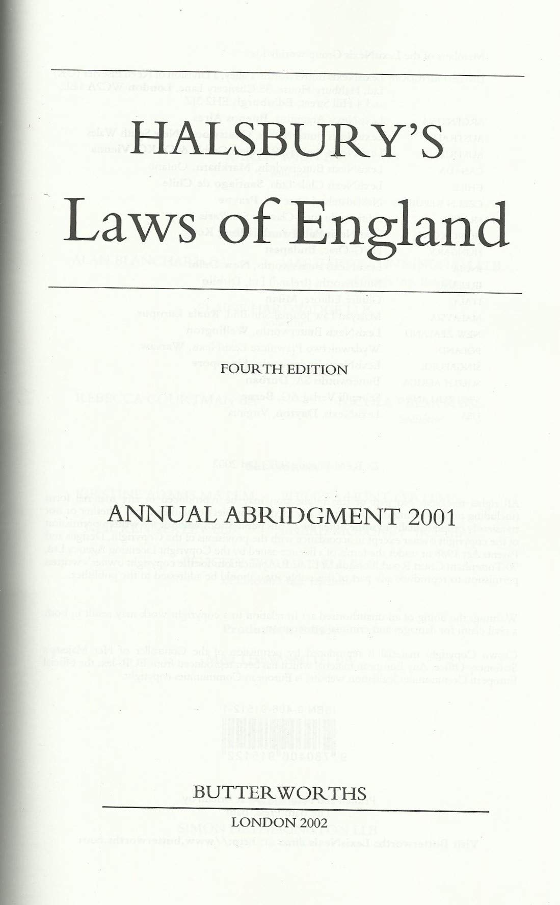 Halsbury's Laws of England: Annual Abridgment 2000
