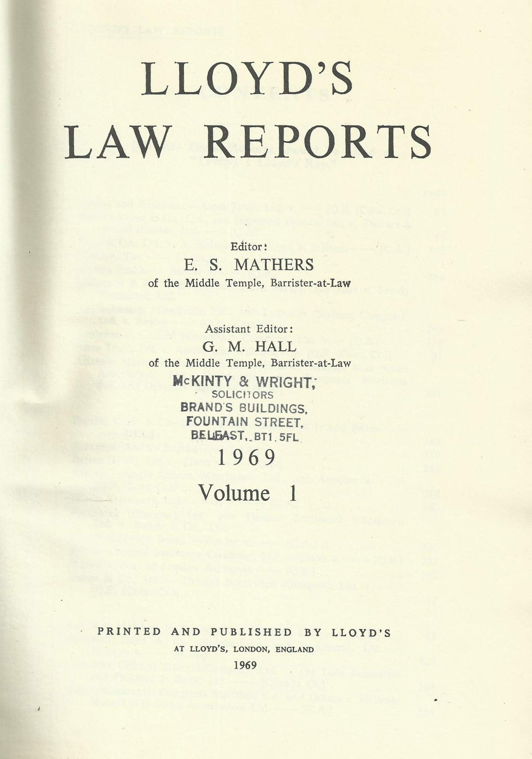 Lloyd's Law Reports - 1969, Volume 1 (Volume I)