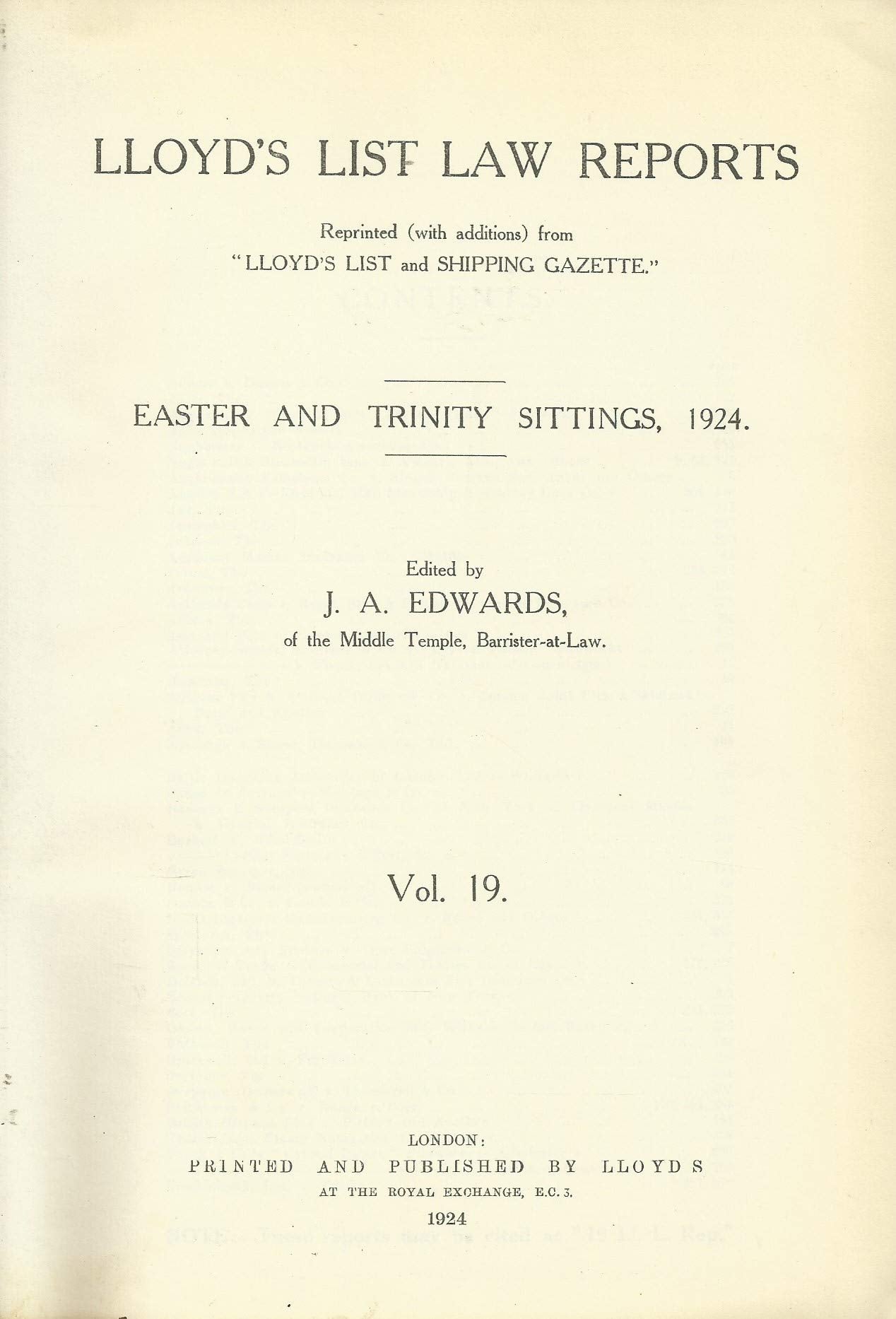 Lloyd's List Law Reports - Volume 19, Easter and Trinity Sittings, 1924