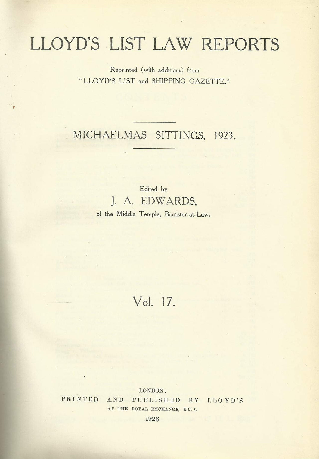 Lloyd's List Law Reports - Volume 17, Michaelmas Sittings, 1923