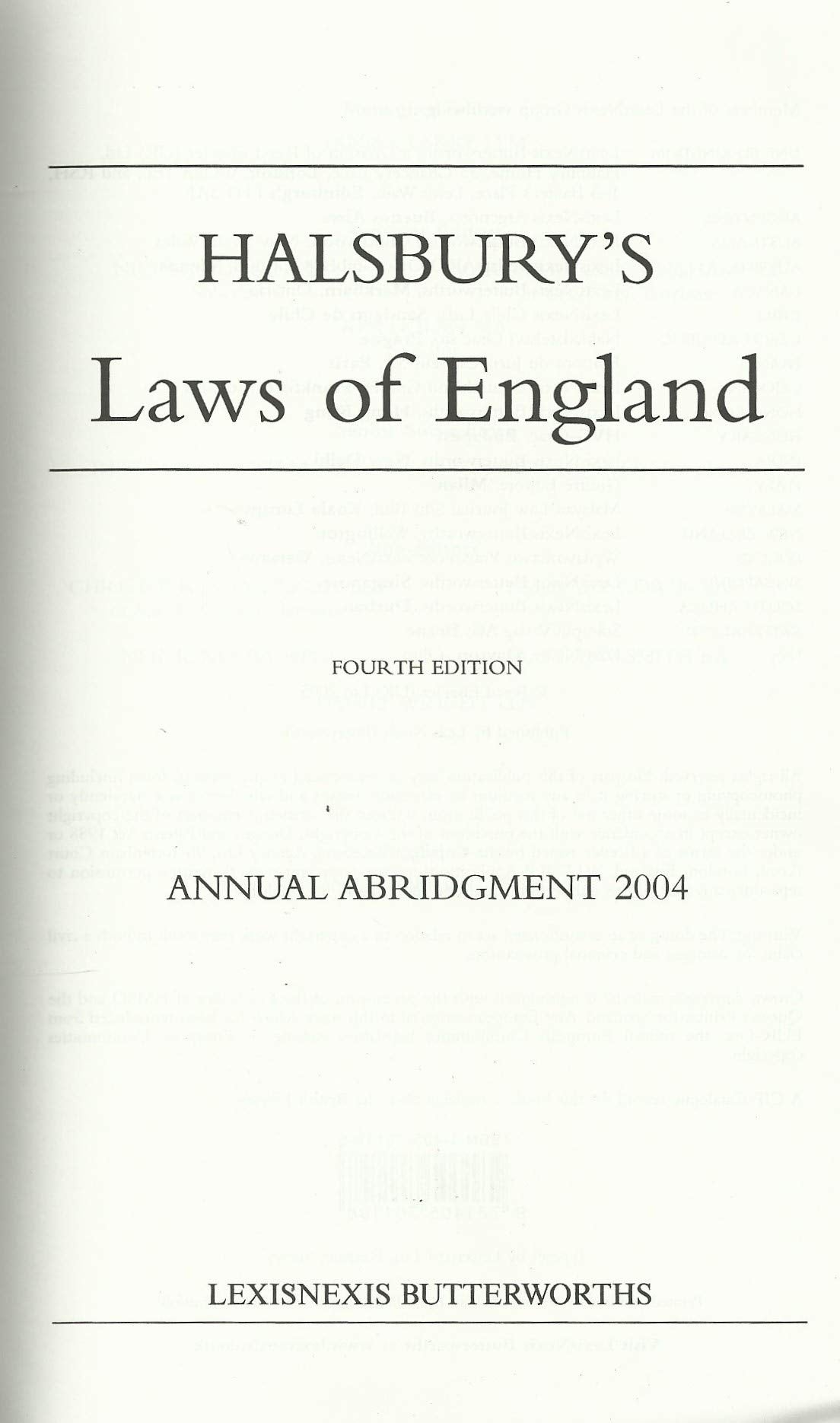 Halsbury's Laws of England Annual Abridgment 2004