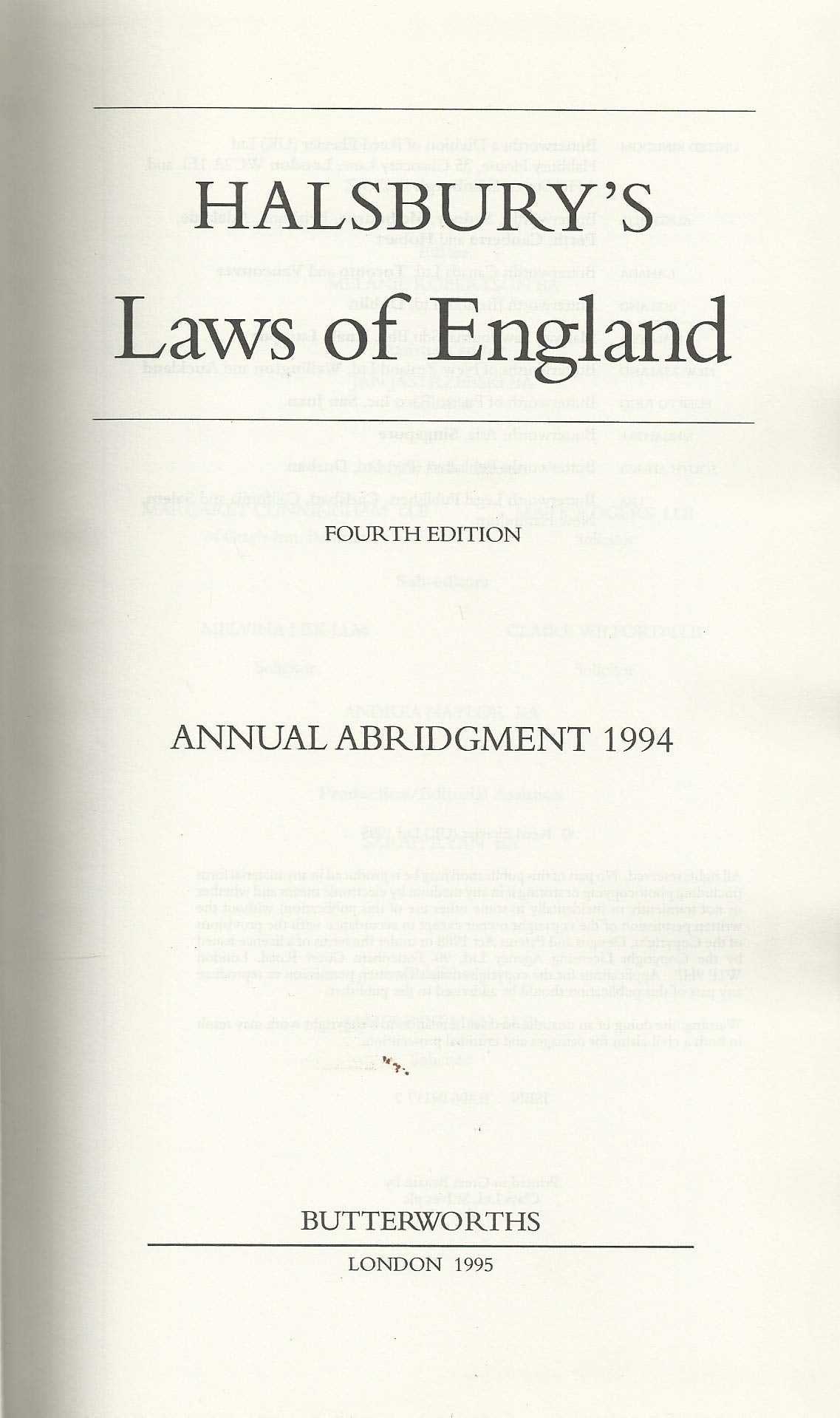 Halsbury's Laws of England 1994 Annual Abridgement