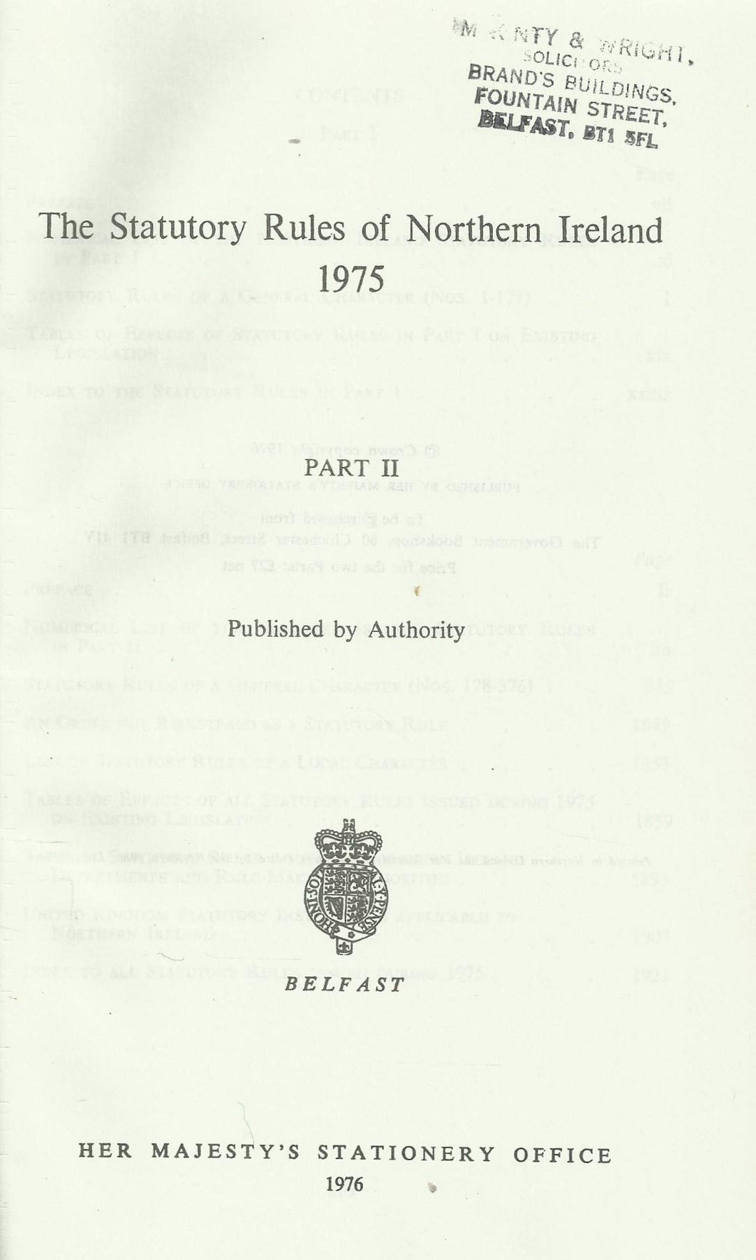 Northern Ireland Statutory Rules and Orders 1975, Part II - The Statutory Rules and Orders of Northern Ireland