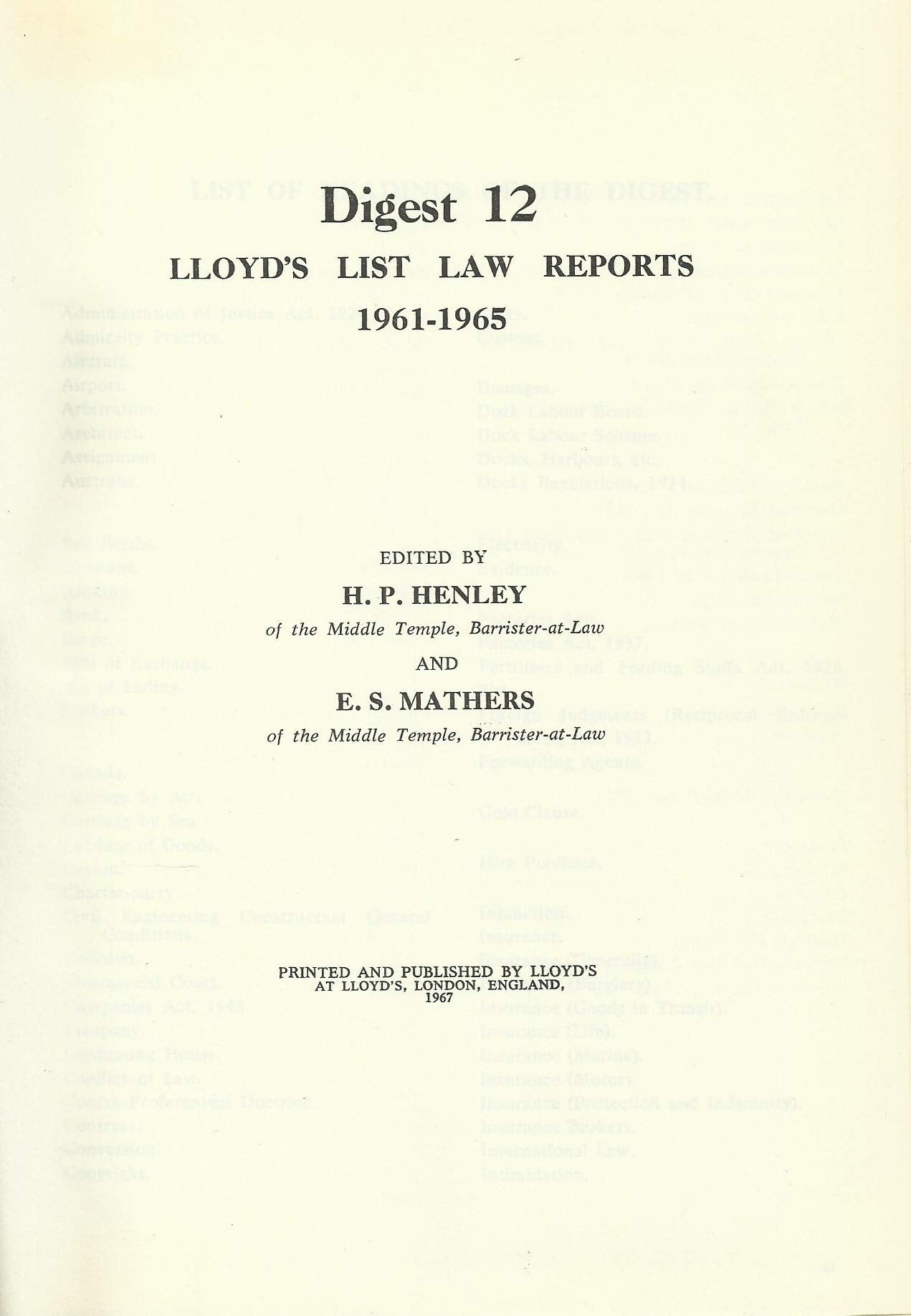 Lloyd's List Law Reports - Digest 12, 1961-1965