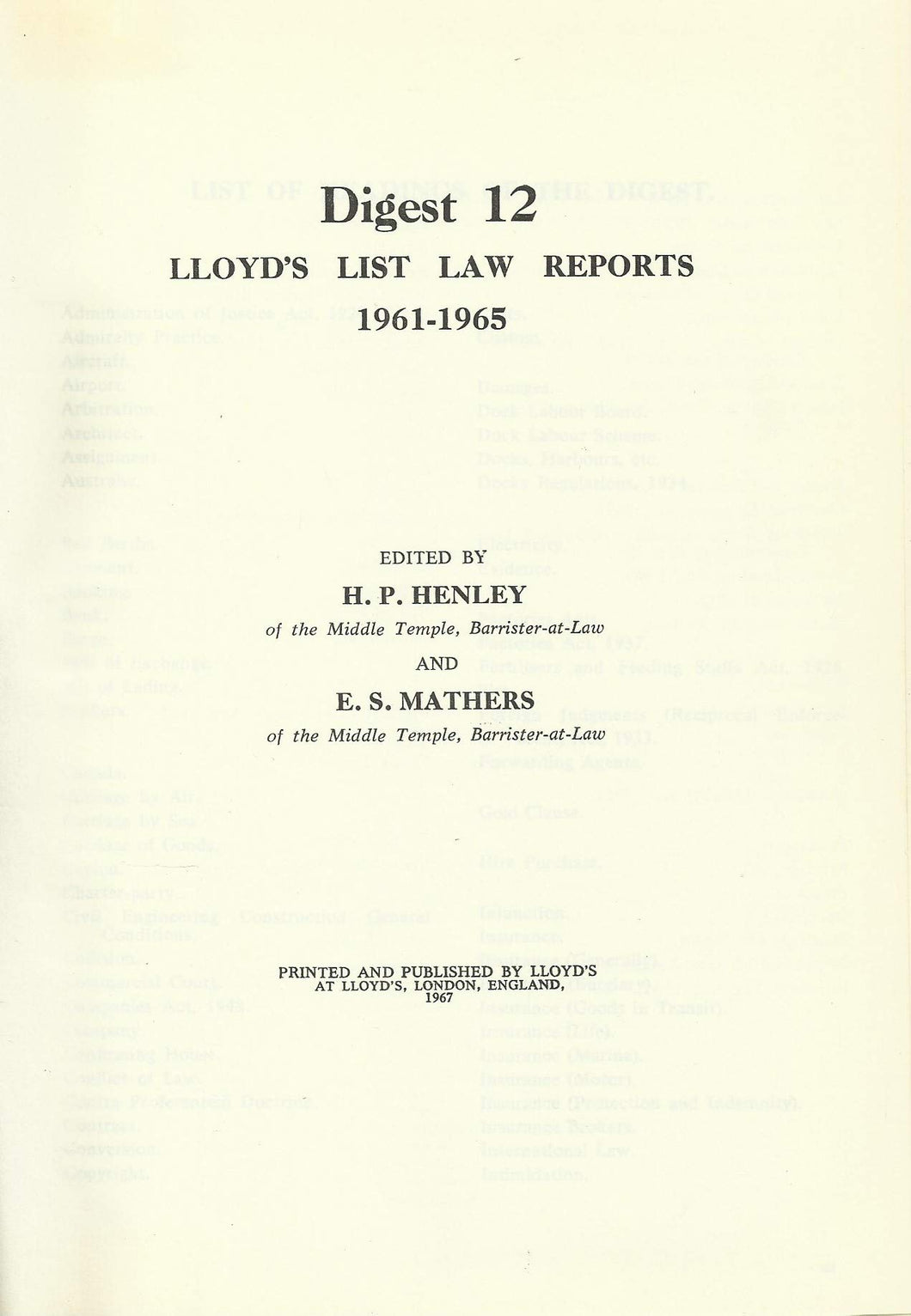 Lloyd's List Law Reports - Digest 12, 1961-1965