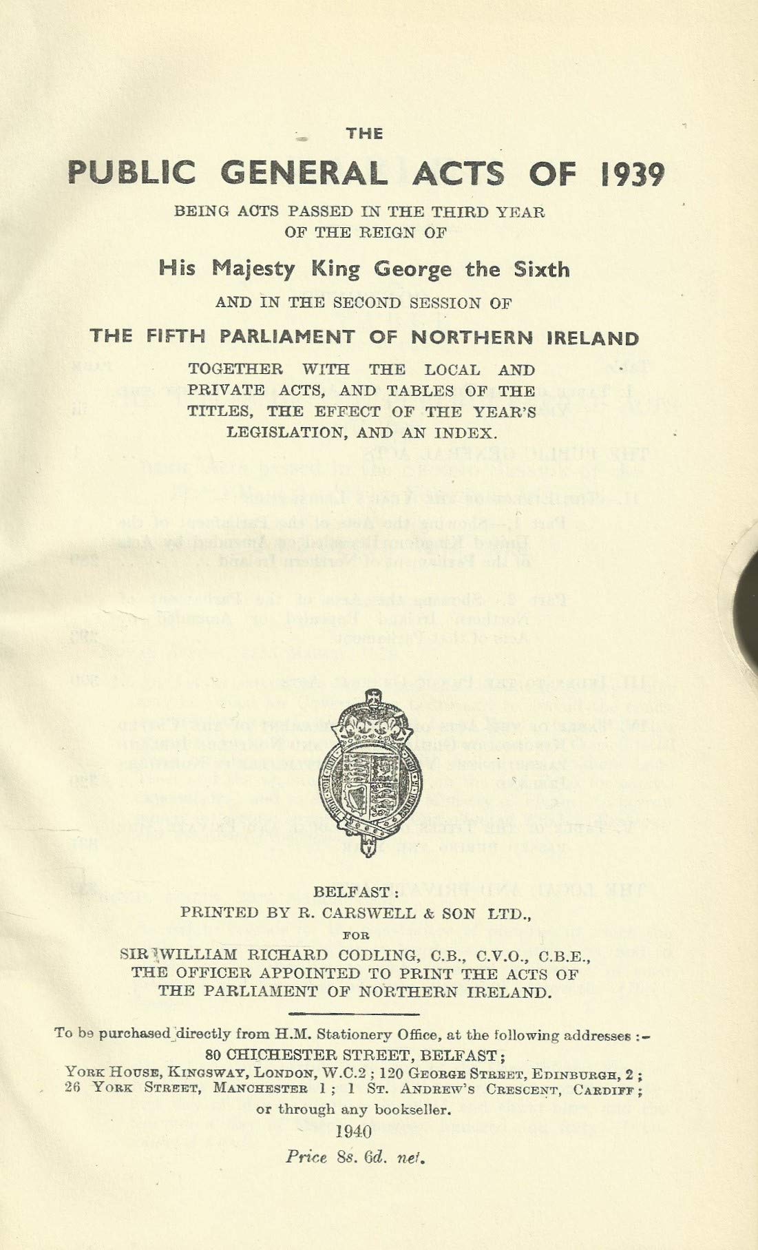 Northern Ireland - The Public General Acts of 1939