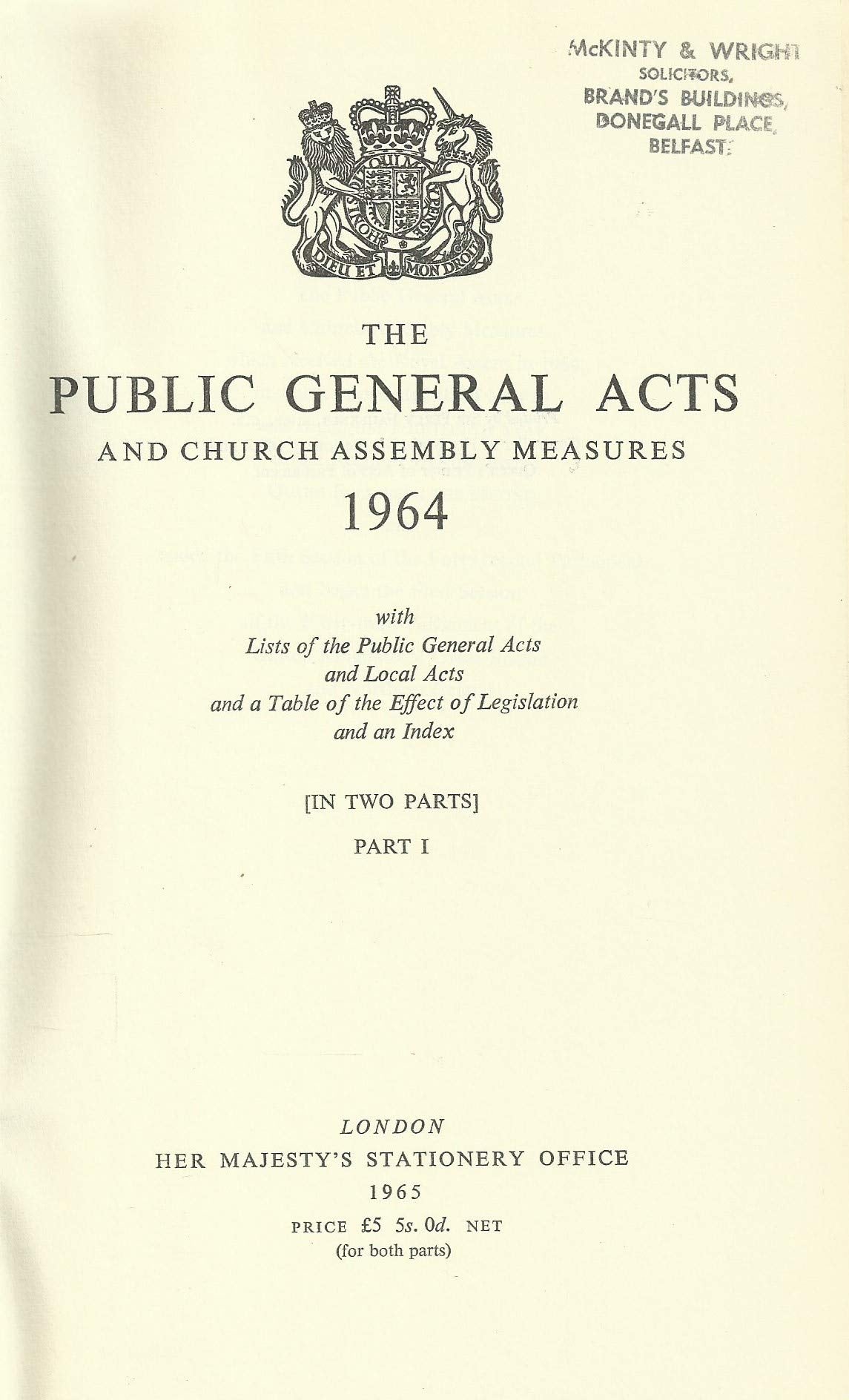 Public General Acts And Church Assembly Measures. 1964. Volume I.
