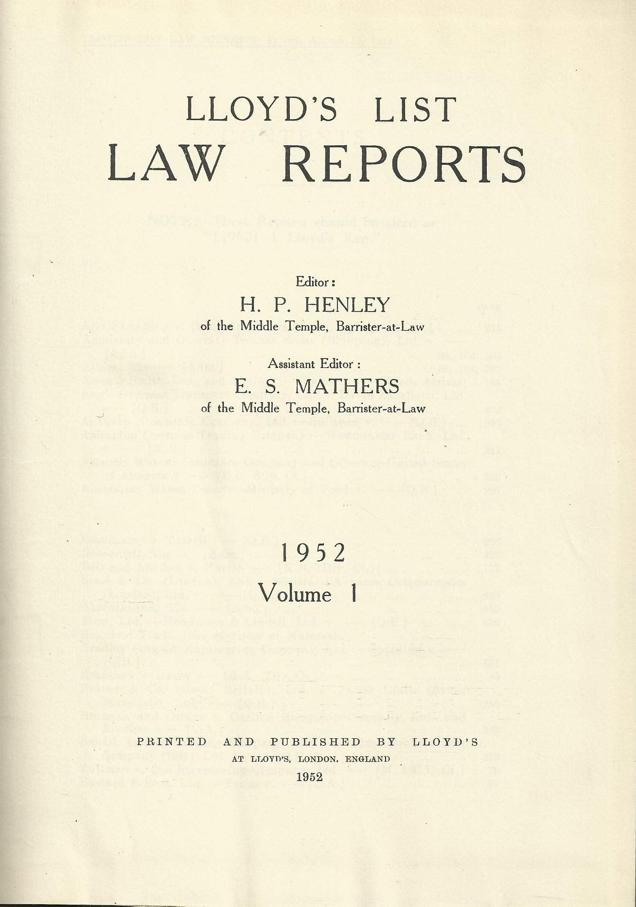 Lloyd's List Law Reports - 1952, Volume 1