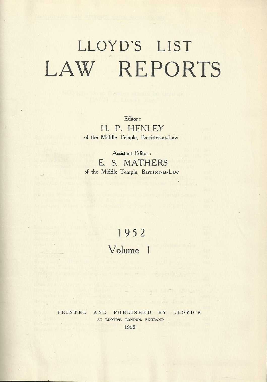 Lloyd's List Law Reports - 1952, Volume 1