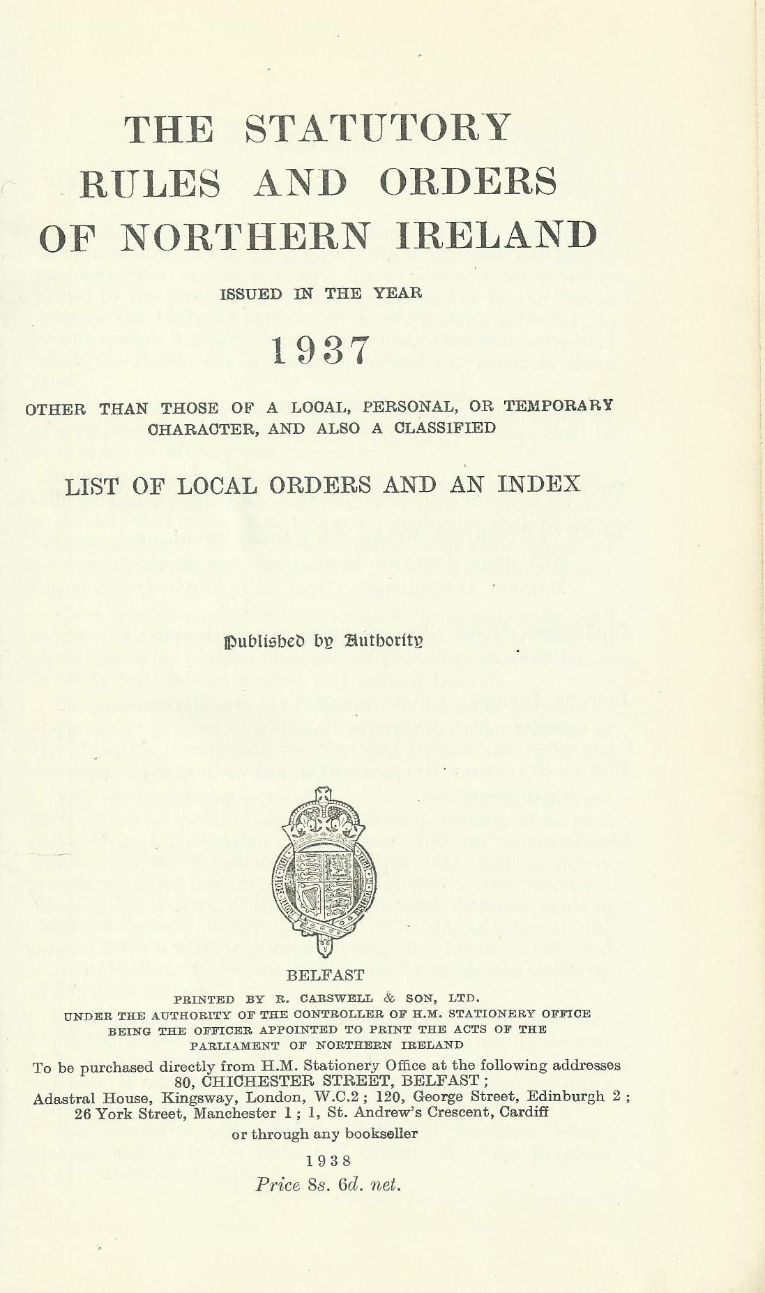 Northern Ireland Statutory Rules and Orders 1937