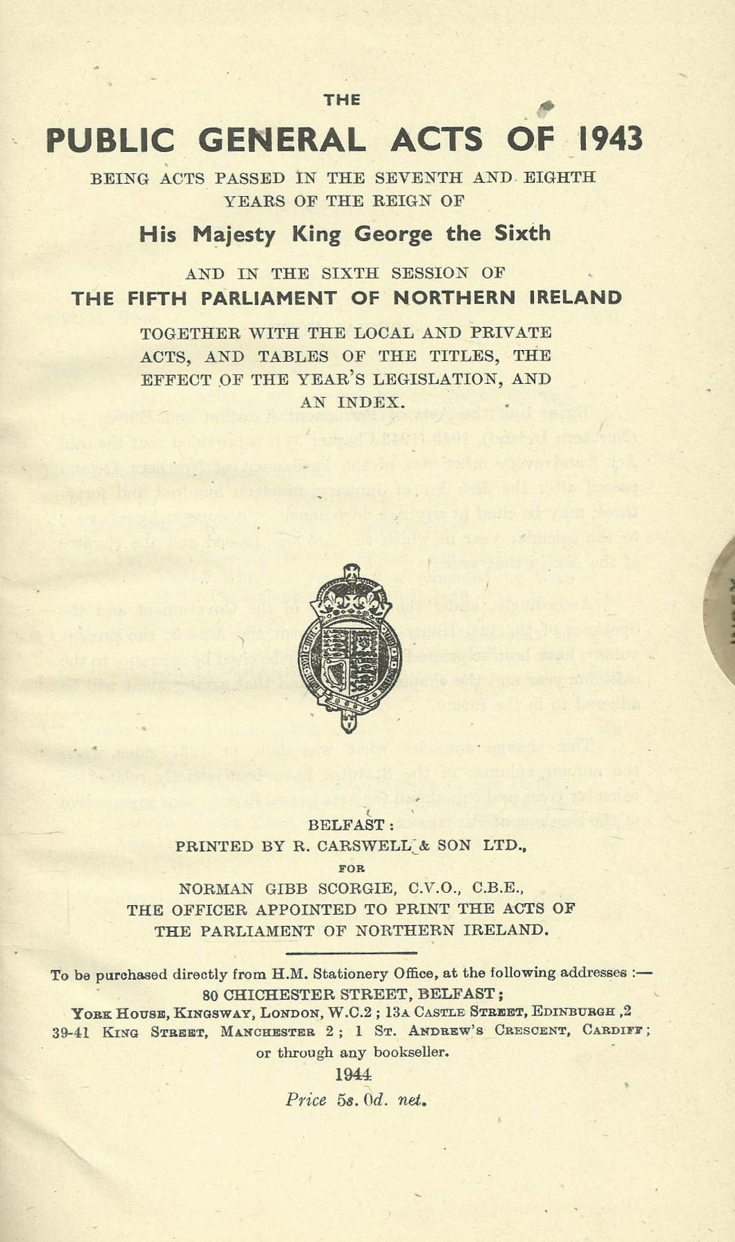 Northern Ireland Statutes: The Public General Acts 1943