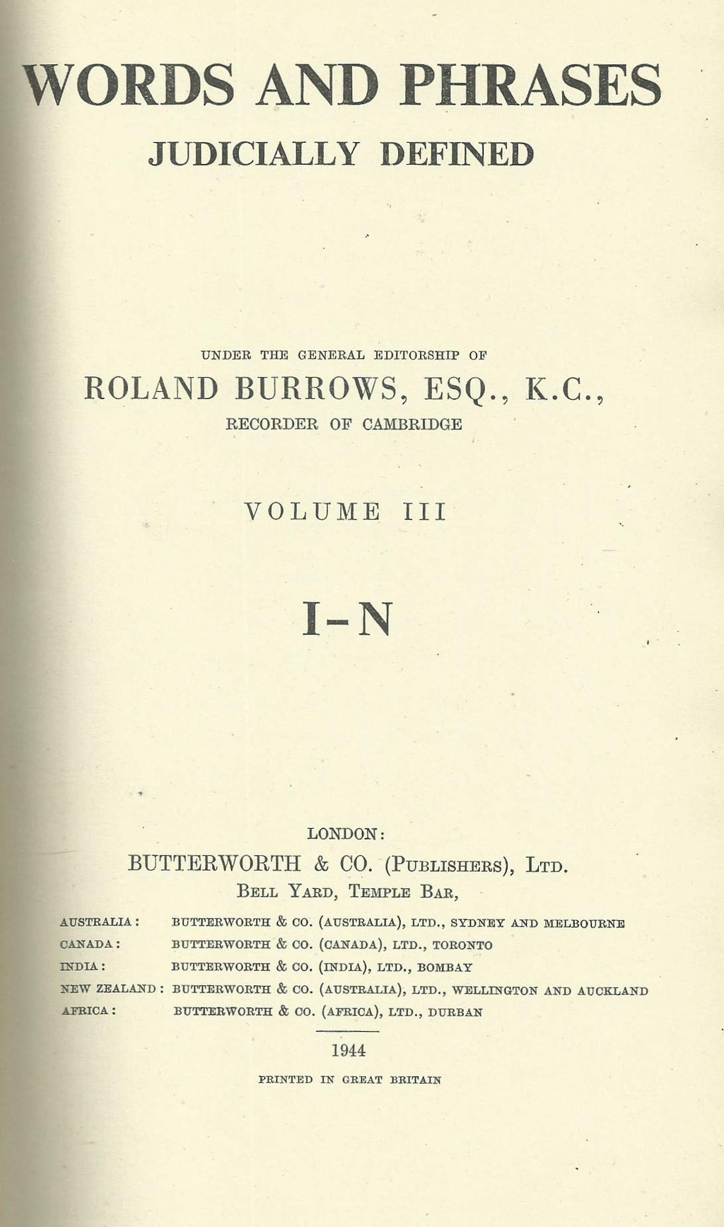 Words and Phrases Judicially Defined - Volume III (Volume 3) - I-N