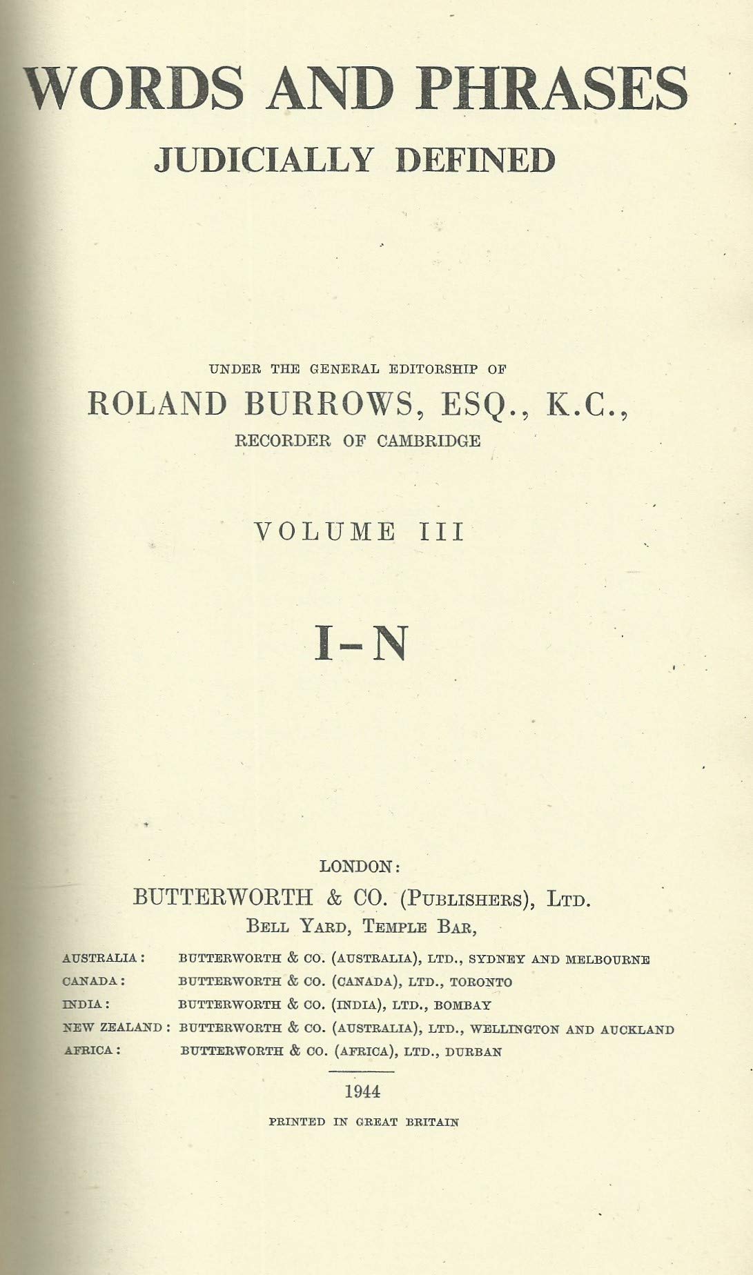Words and Phrases Judicially Defined - Volume III (Volume 3) - I-N