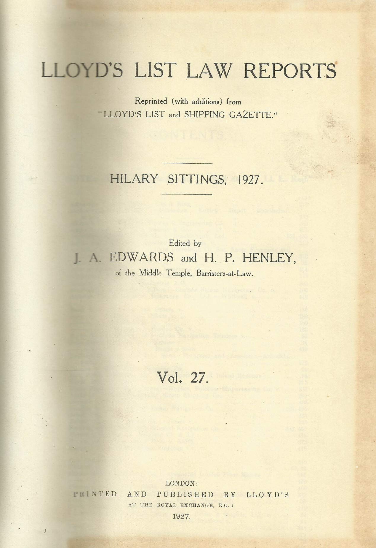 Lloyd's List Law Reports - Hilary Sittings, 1927, Vol 27