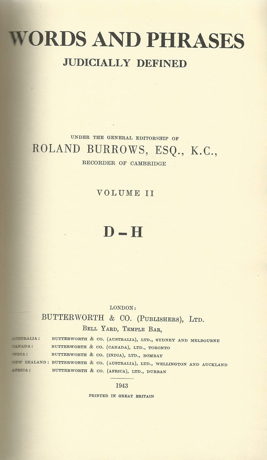 Words and Phrases Judicially Defined - Volume II (Volume 2), D-H