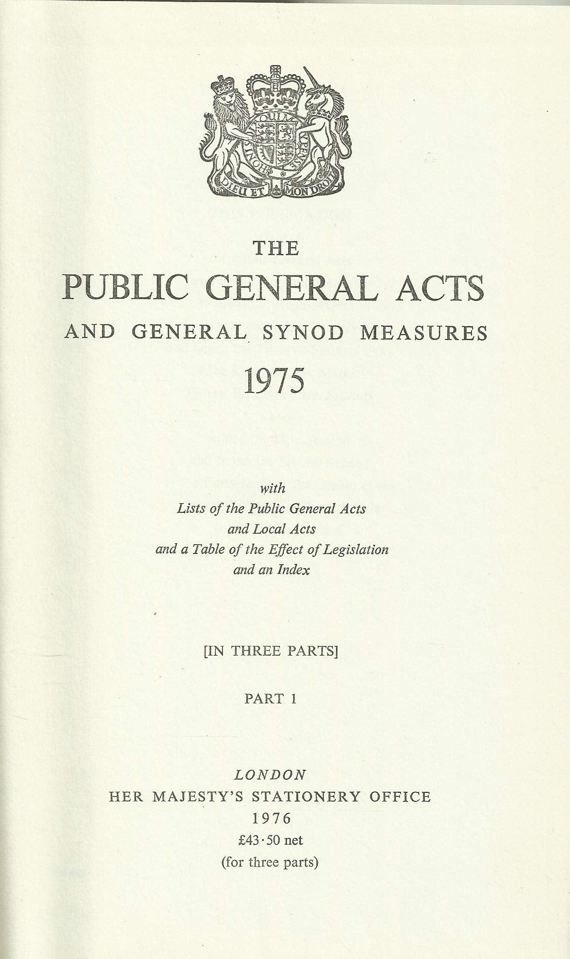 Public General Acts and Measures of 1975, Part I