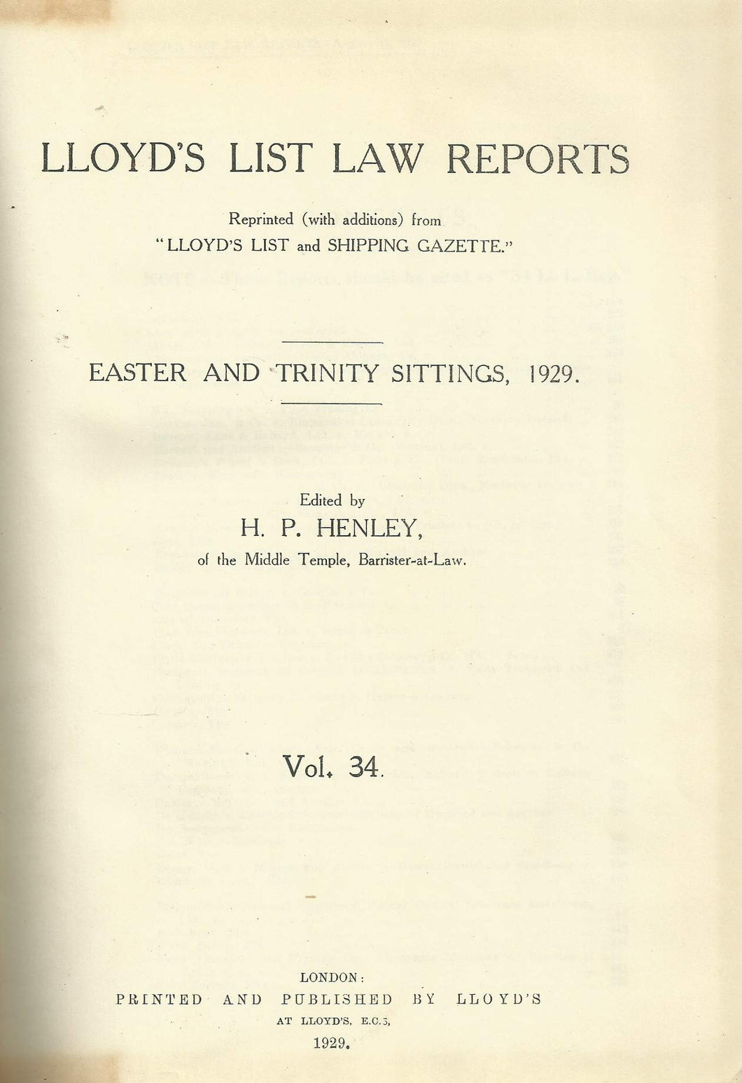 Lloyd's List Law Reports - Easter and Trinity Sittings, 1929, Vol 34