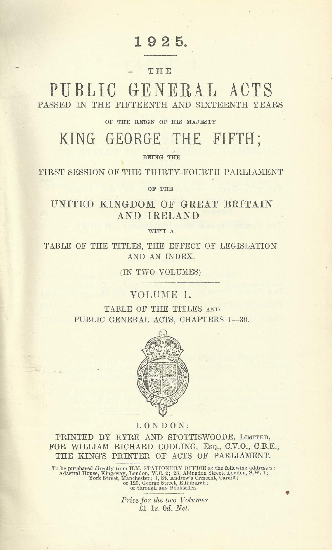 The Public General Acts 1924-5: 15 and 16 Geo V (Two-Volume Set)