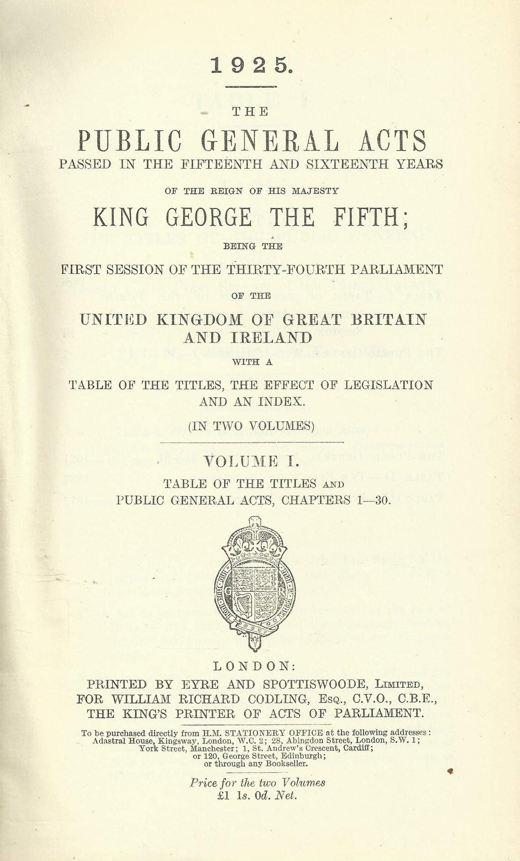 The Public General Acts 1924-5: 15 and 16 Geo V (Two-Volume Set)
