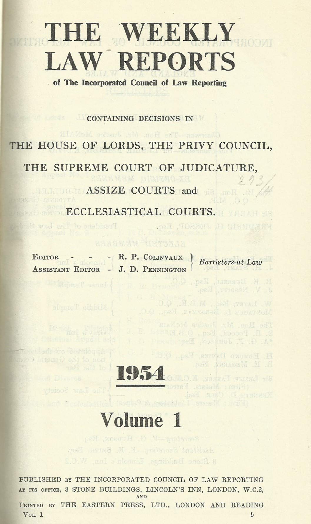 The Weekly Law Reports 1954, Volume I