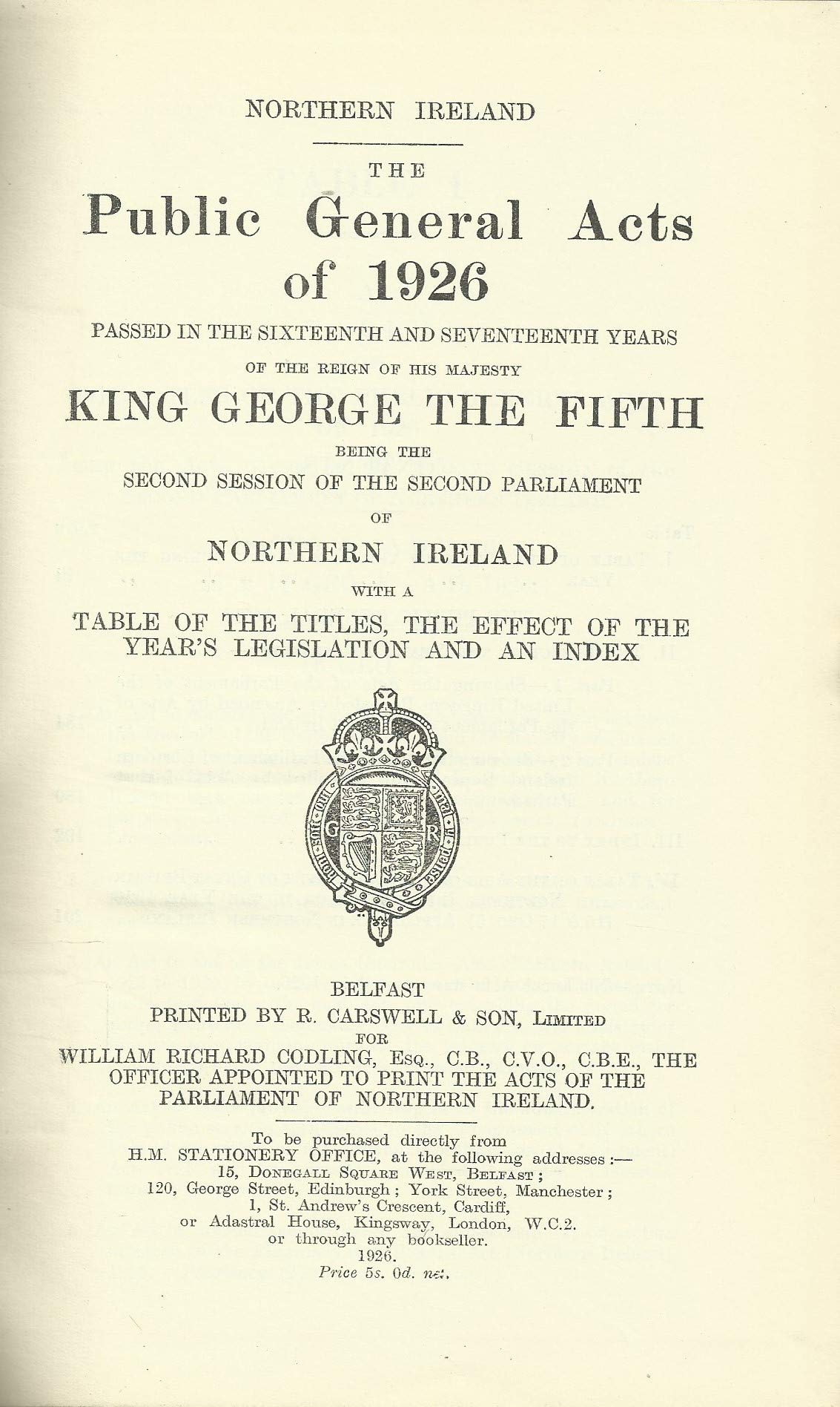 Northern Ireland - Public General Acts of 1926