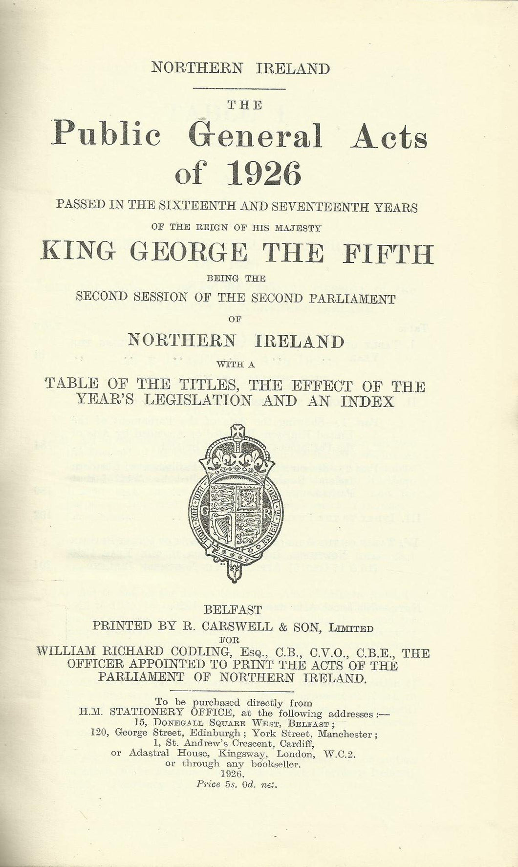 Northern Ireland - Public General Acts of 1926