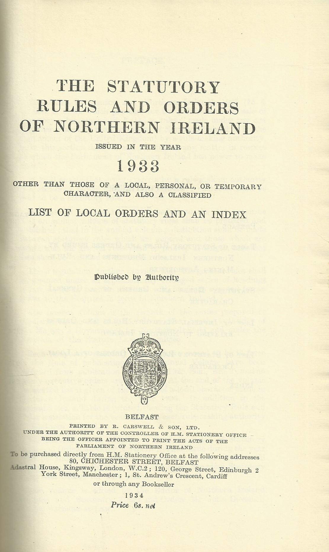 Northern Ireland Statutory Rules and Orders 1933