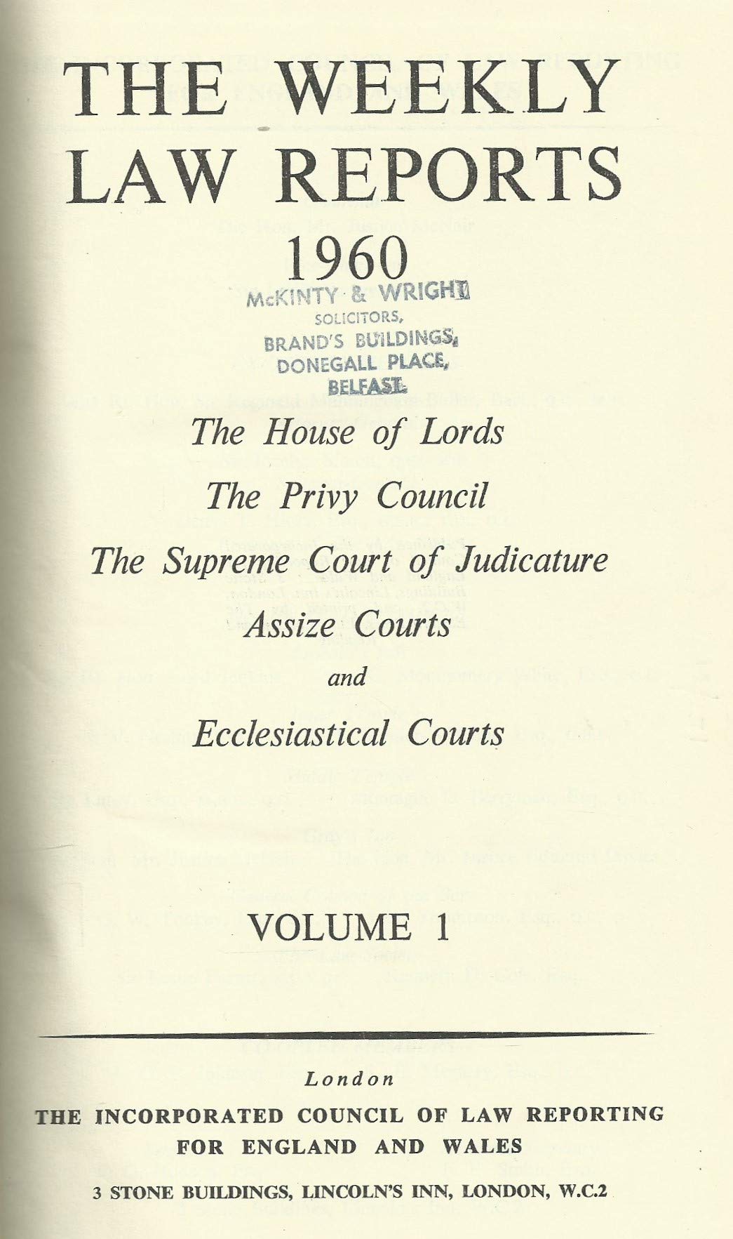 The Weekly Law Reports 1960, Volume I