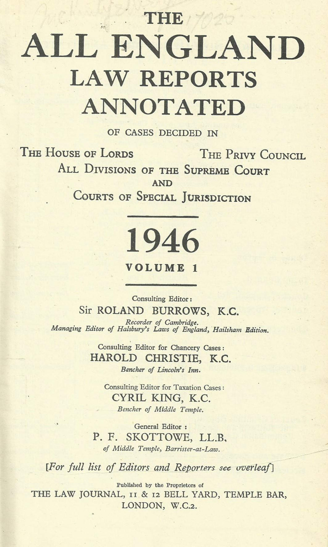 THE ALL ENGLAND LAW REPORTS ANNOTATED. 1946. VOLUME 1.