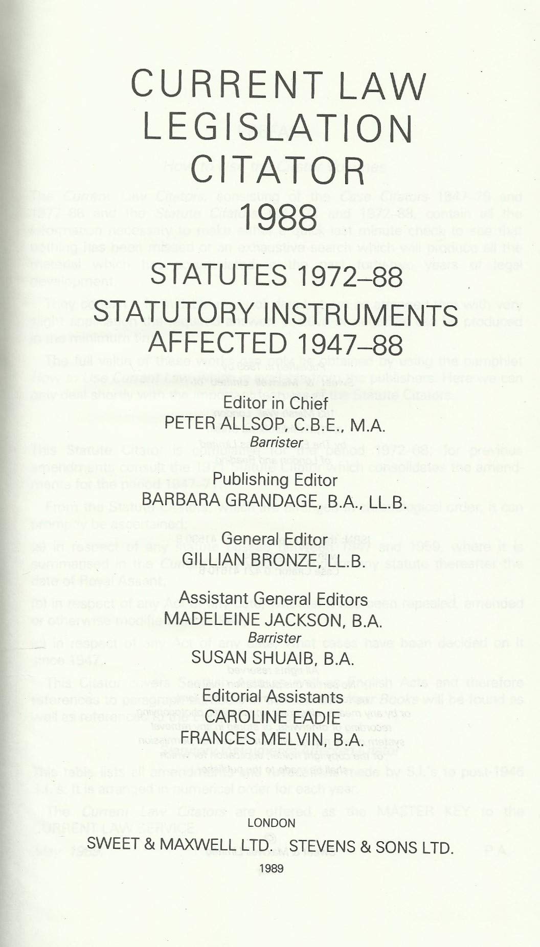 Current Law Legislation Citators 1972-1988